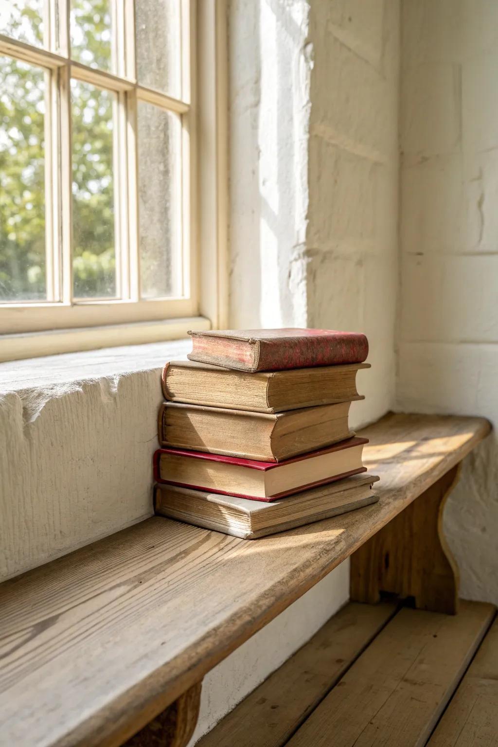 Stack worn hardcovers on pale wood for instant cottage charm—simple, cozy, timeless.