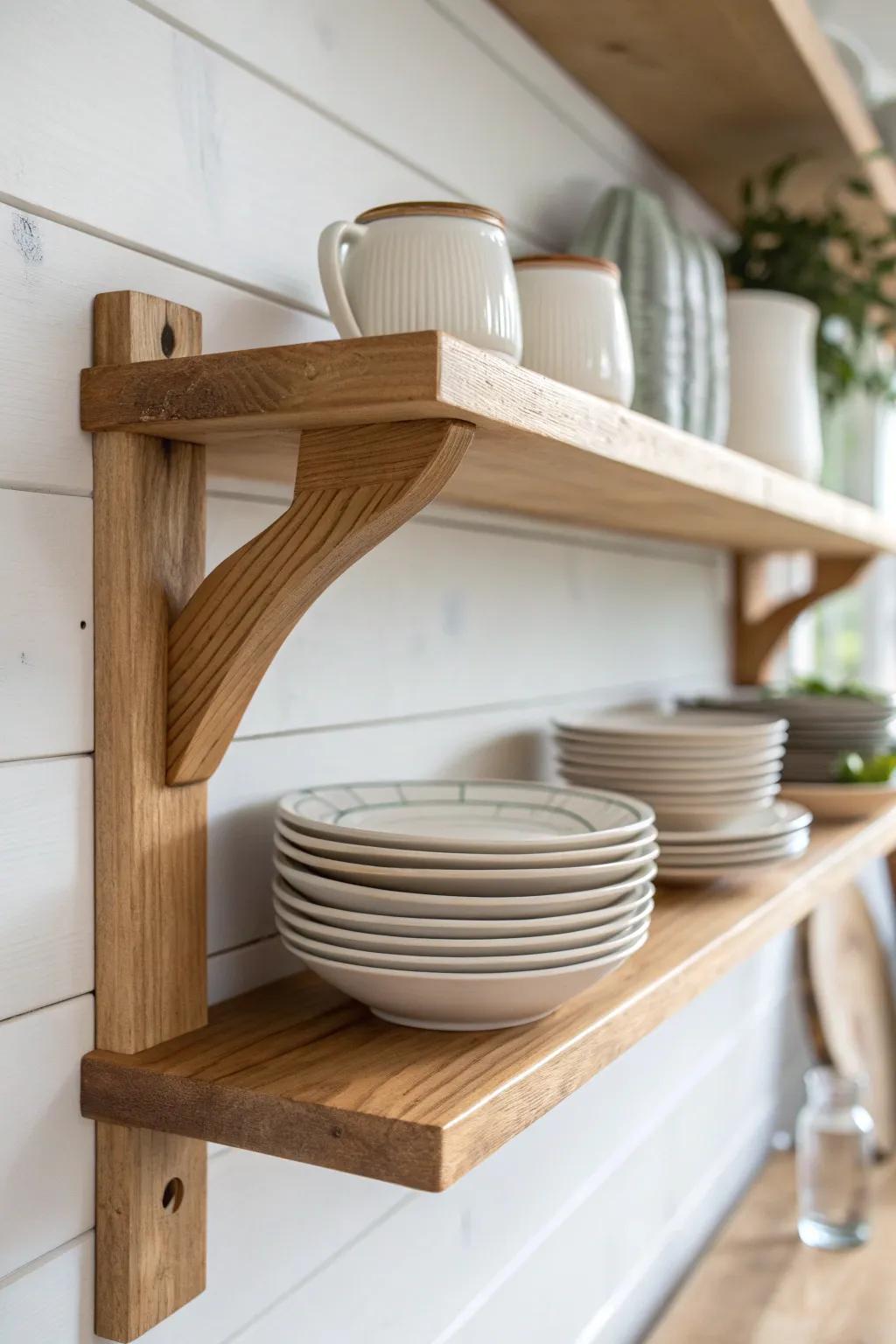 Handmade wood brackets + open shelves bring cottage charm with airy Scandinavian ease.