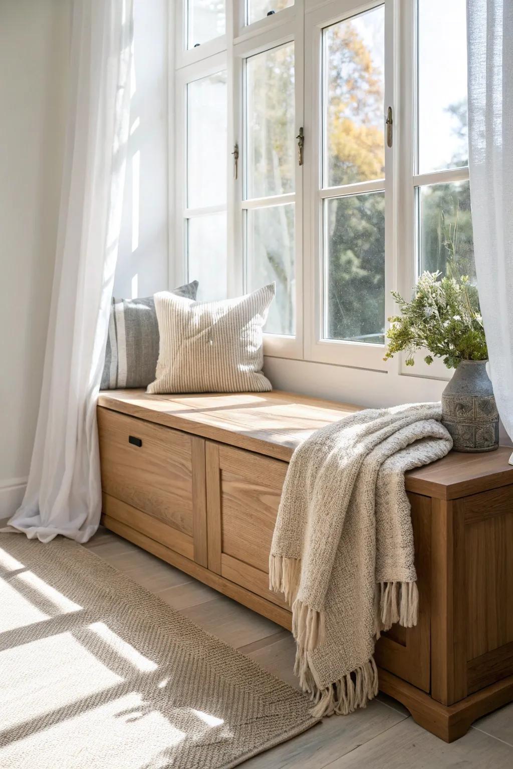 A sunny window seat bench in pale oak—simple lines, soft linens, and hidden storage.