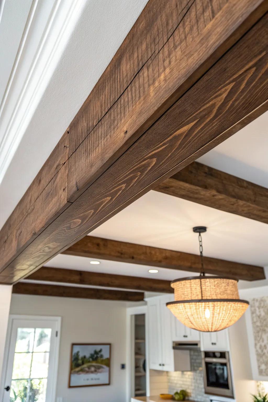 Dark-stained pine beam on a white ceiling—an easy way to add barn warmth to a country man cave.