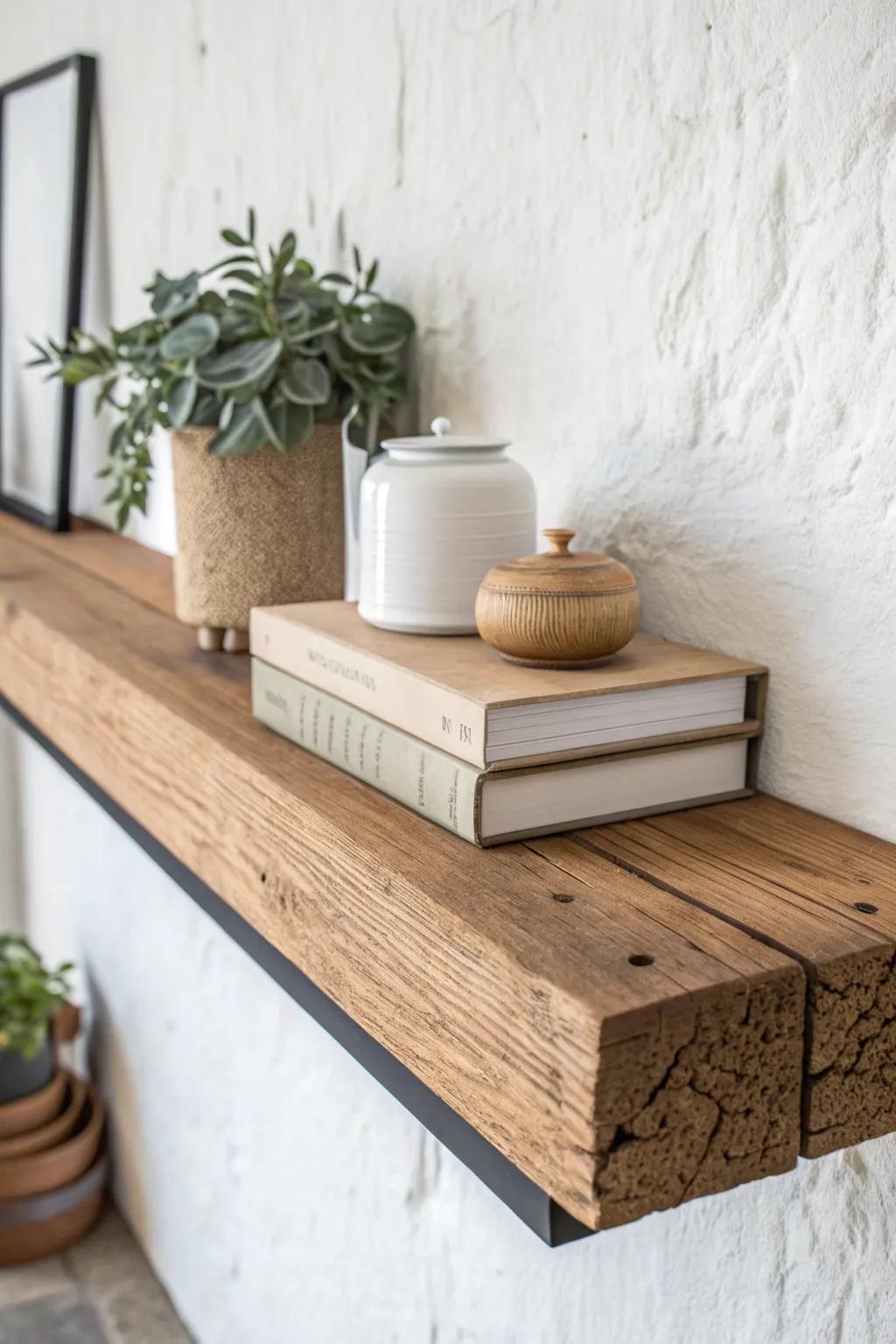 Chunky floating shelf styling: layered frames, cookbooks, and a simple crock of greenery.