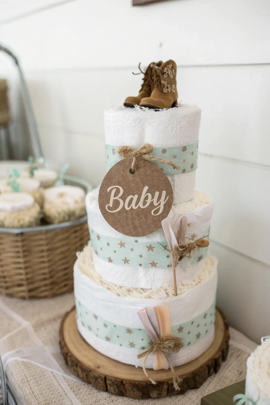 Add a personal touch to your cowboy-themed diaper cake with an elegant rustic name tag.