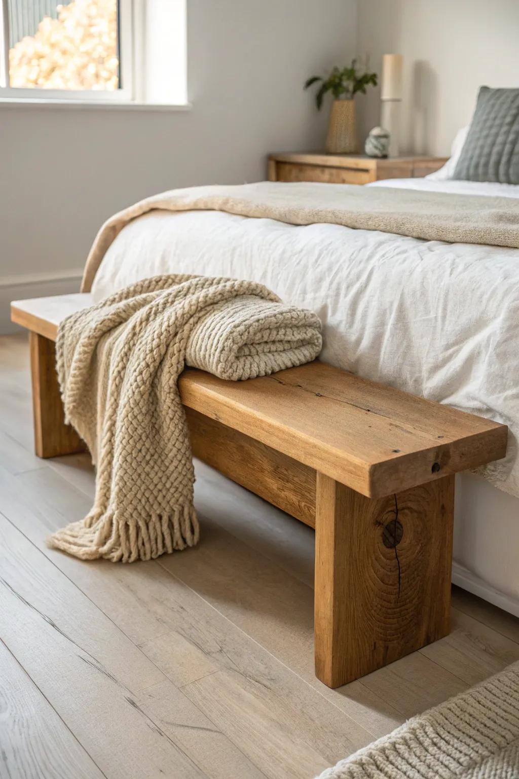A salvaged-wood bench at the bed’s foot—perfect for draping a chunky throw in style.