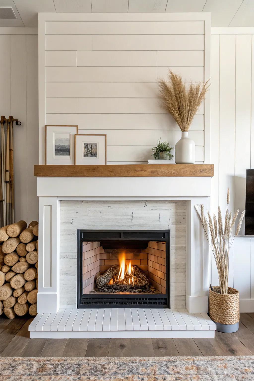 Warm firelight on crisp shiplap and oak—an effortless farmhouse surround that feels instant cozy.
