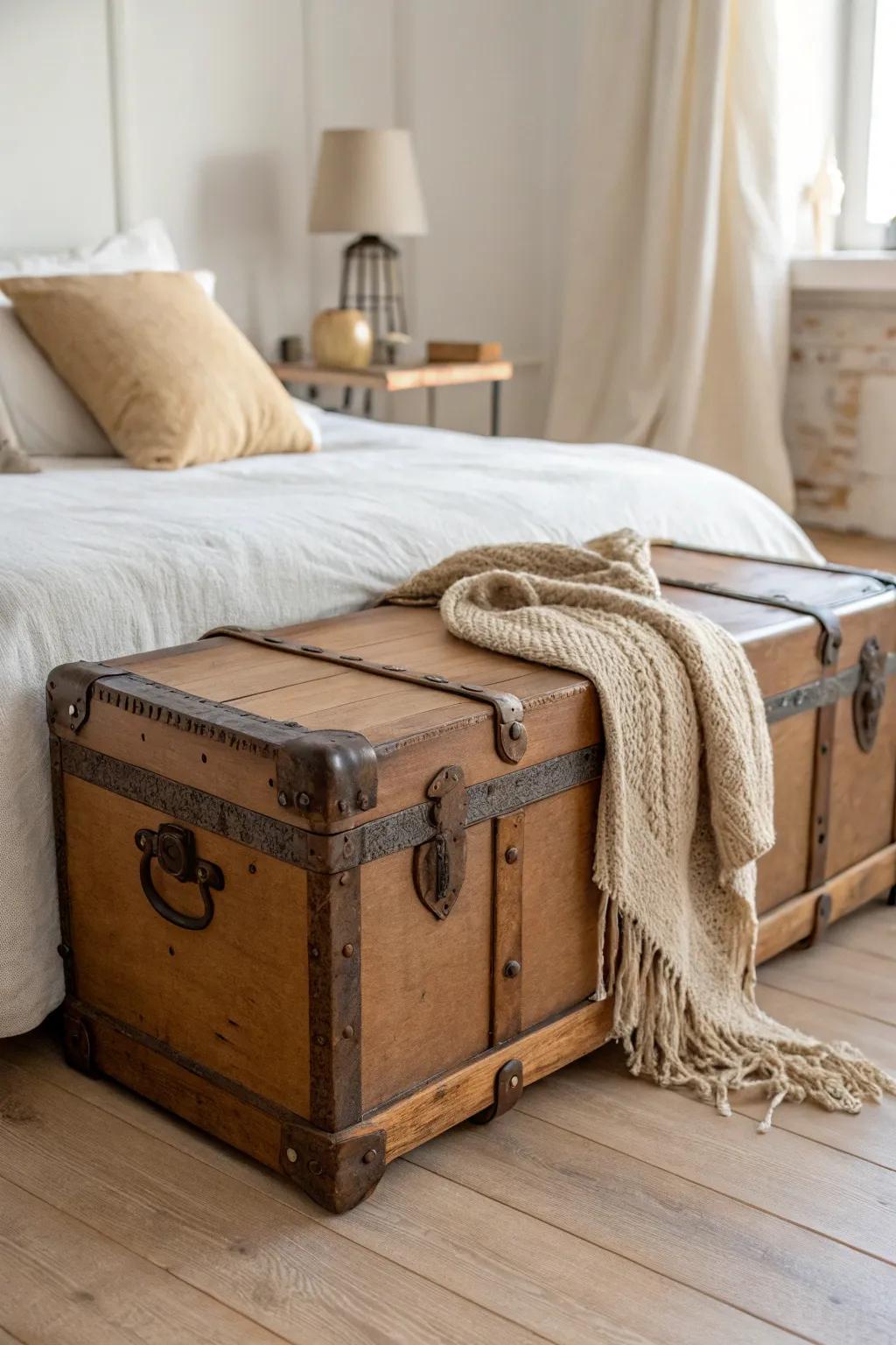 A vintage trunk bench adds rustic charm and hidden storage for extra cozy blankets.