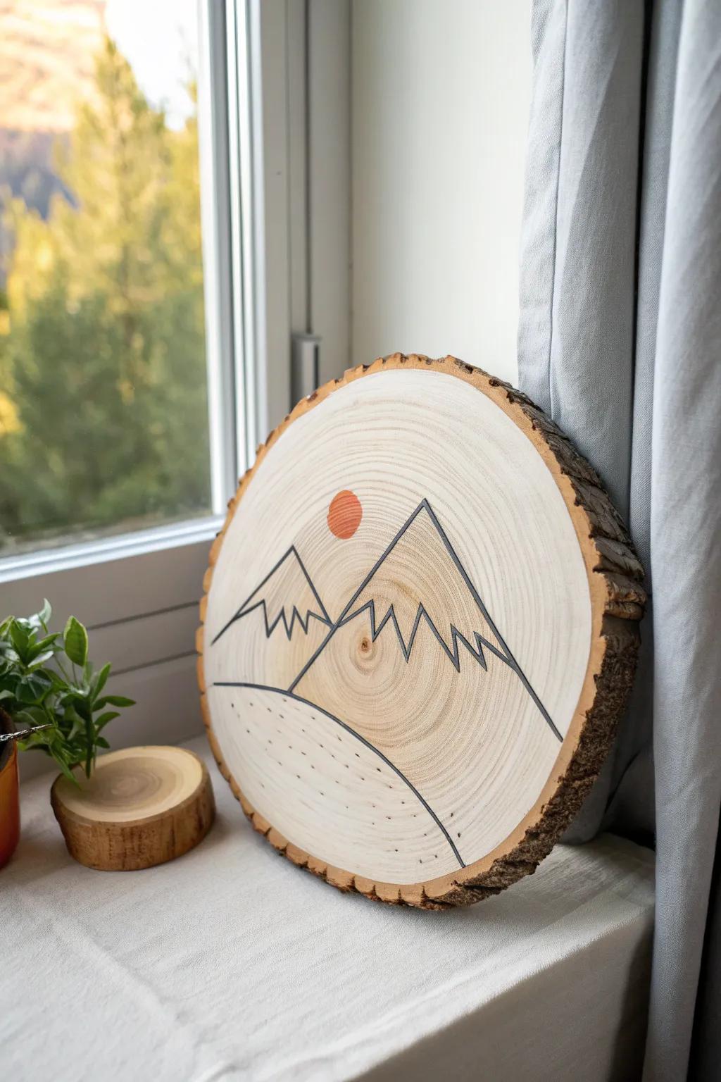 Minimal mountain line art on a birch wood slice round—simple, warm, and beautifully handmade.
