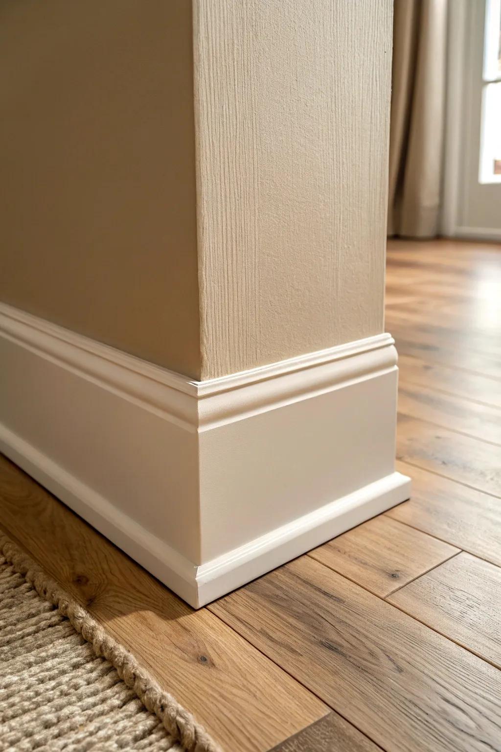 Baseboards painted to match the wall create a calm, seamless look—especially with taller trim.
