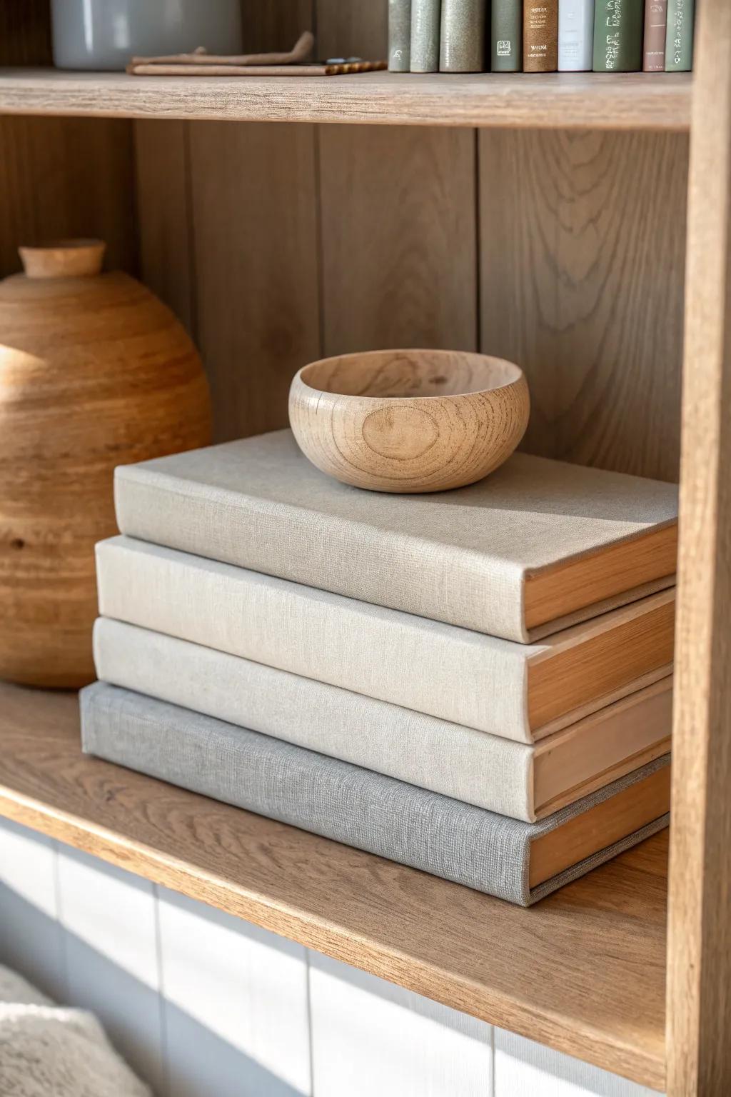 Stack a few neutral books and top with a tiny wooden trinket for calm, grounded cubby style.