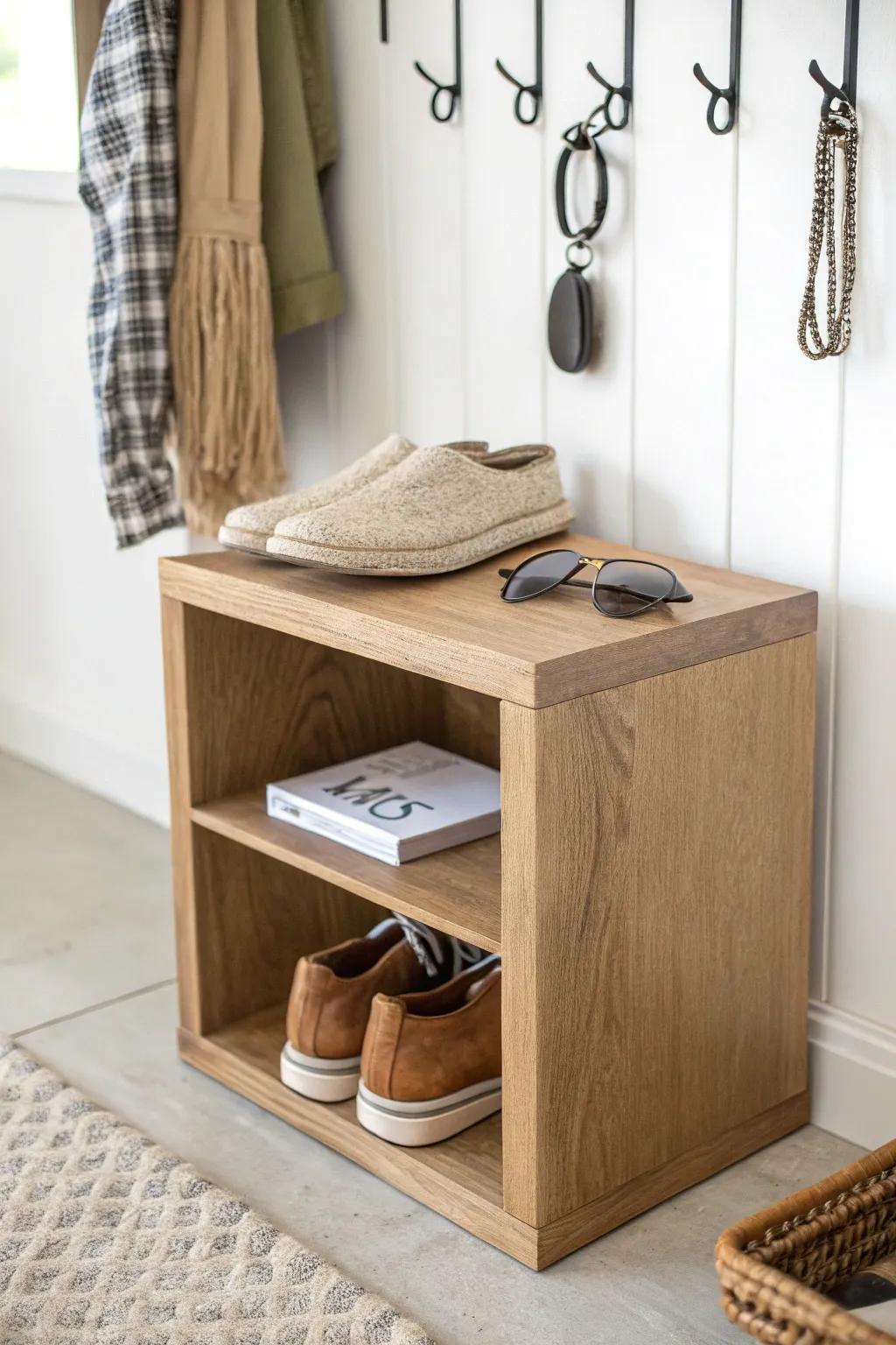 A simple oak cube shelf drop zone: shoes, mail, and keys—calm entryway, zero clutter.
