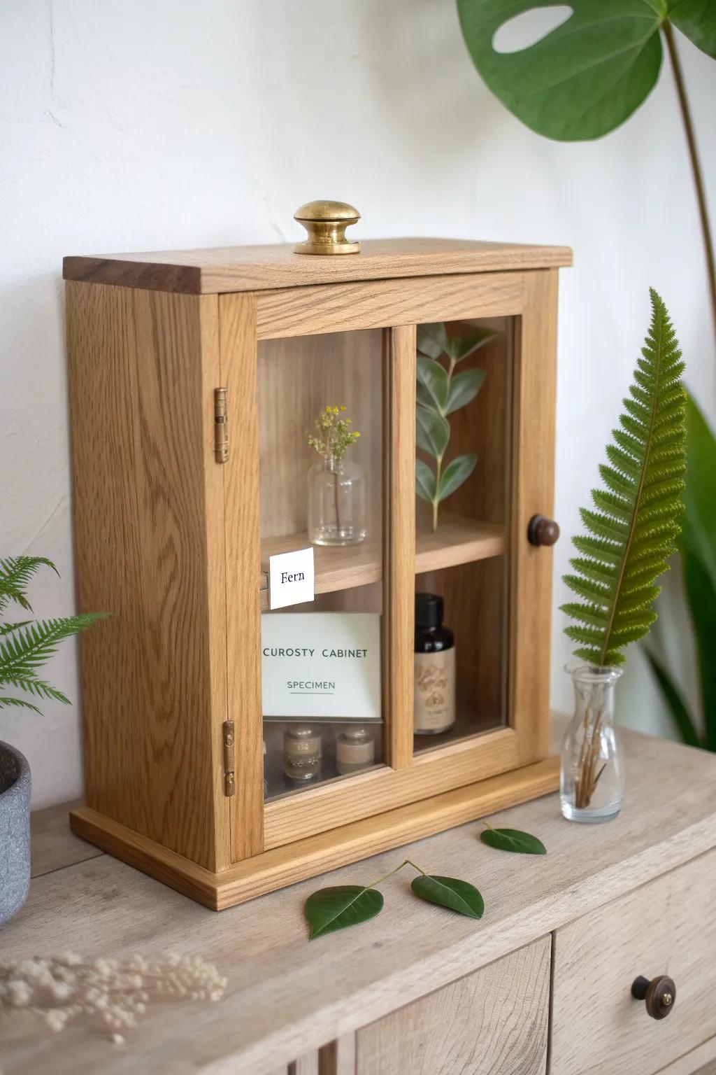 Handcrafted oak cabinet styled with pressed leaves, seed pods and dried blooms—soft science vibe.