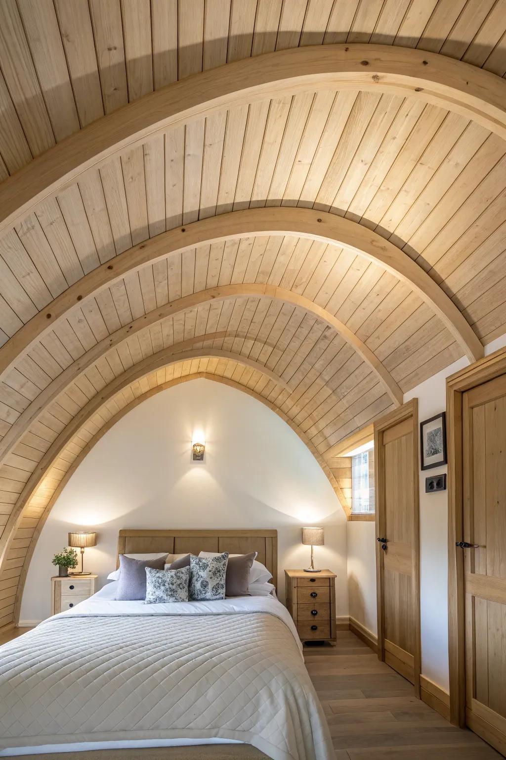 Romantic barrel-vault bedroom ceiling—warm uplighting and pale oak craft a serene curve.