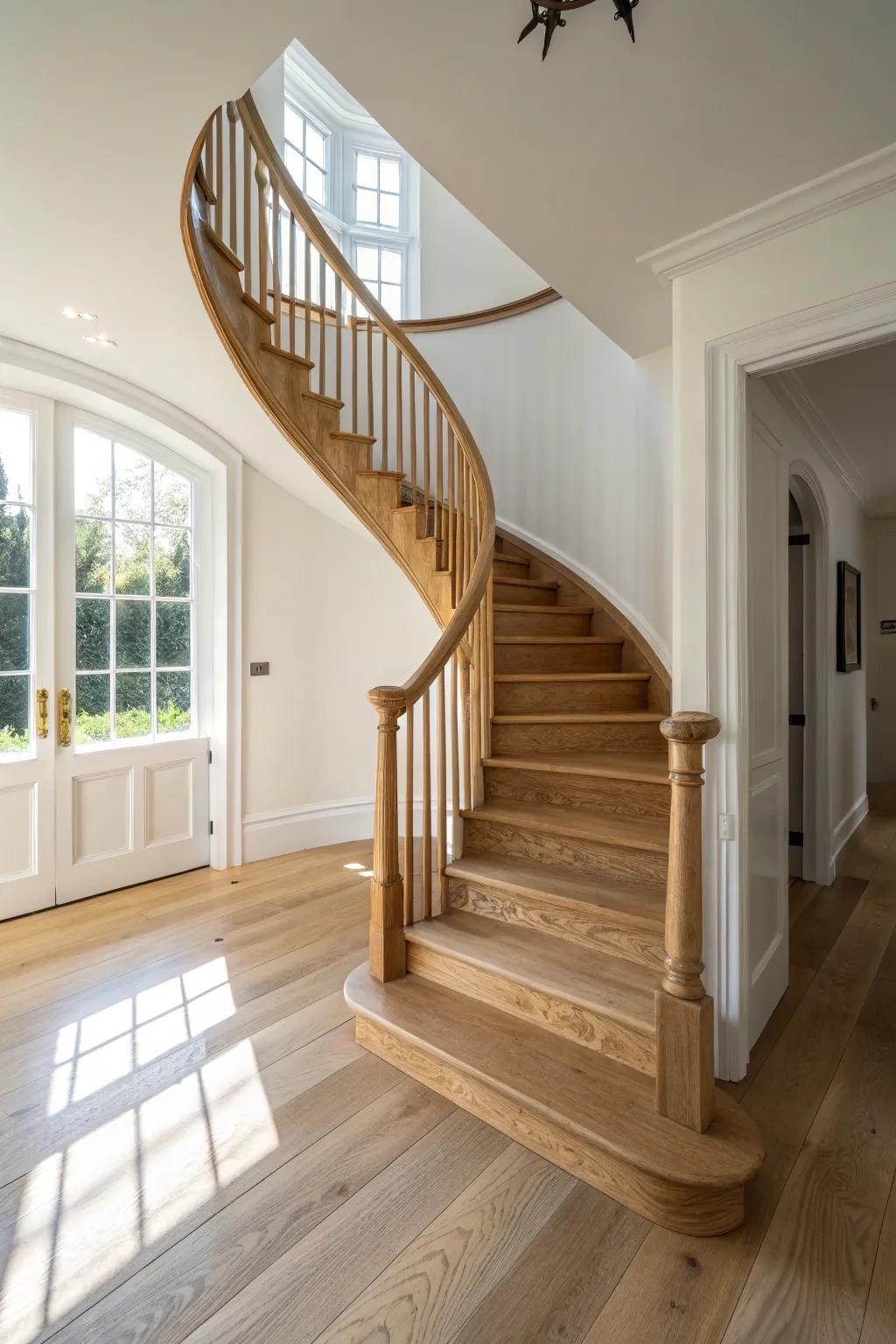A seamless stain match makes a curved staircase feel like it grew from the hardwood floor.