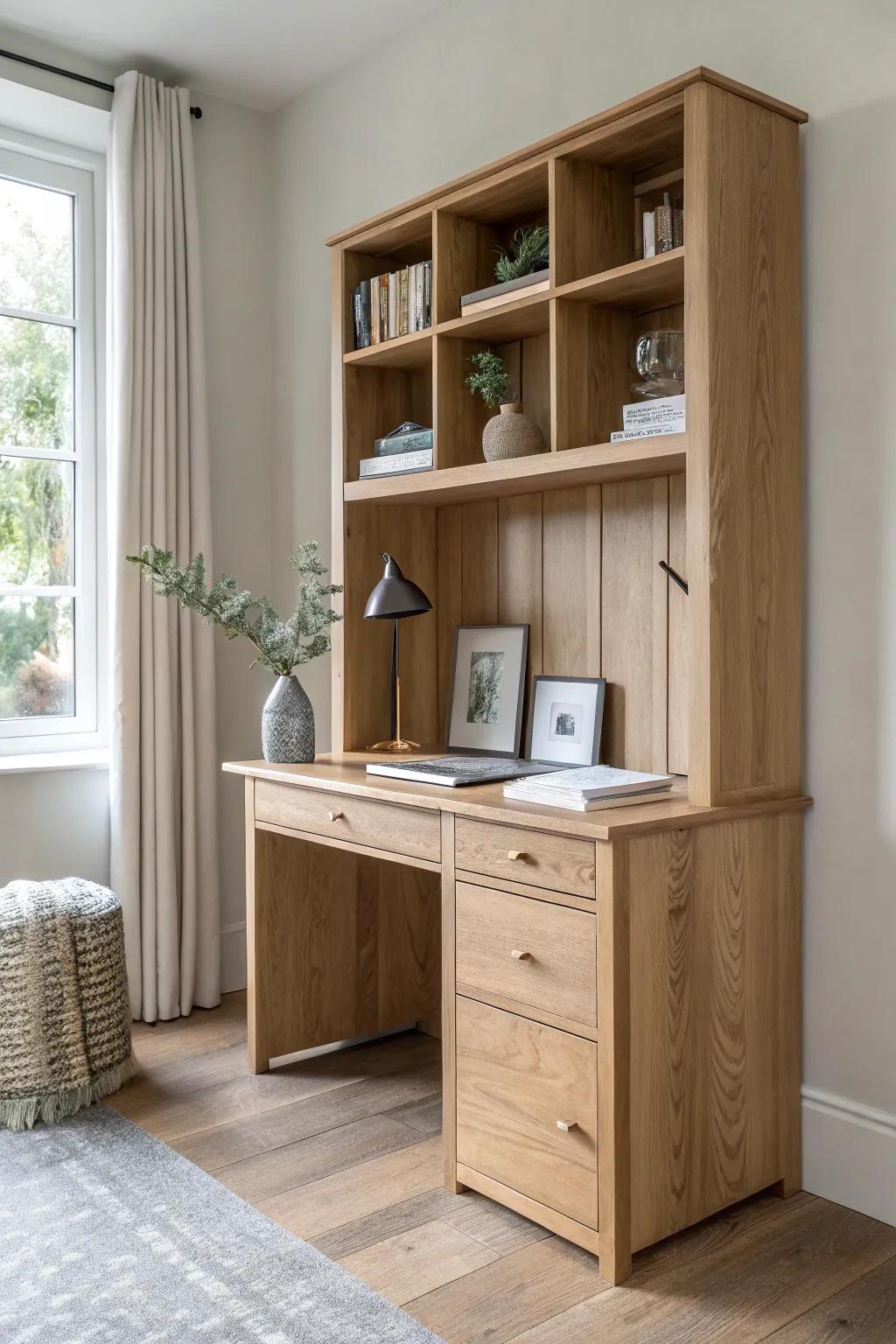 A built-in desk framed by shelving—clean lines, warm oak, and a simple drop-zone shelf.