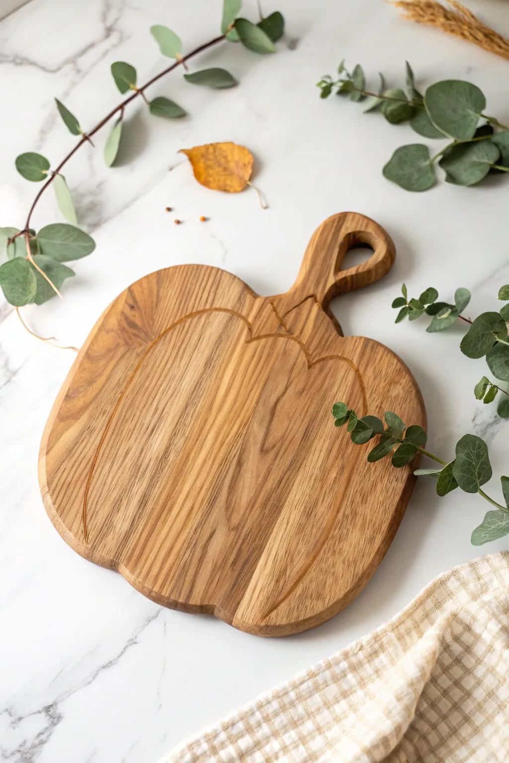 Celebrate the season with artisanal charm – a pumpkin-shaped cutting board that's both functional and festive.