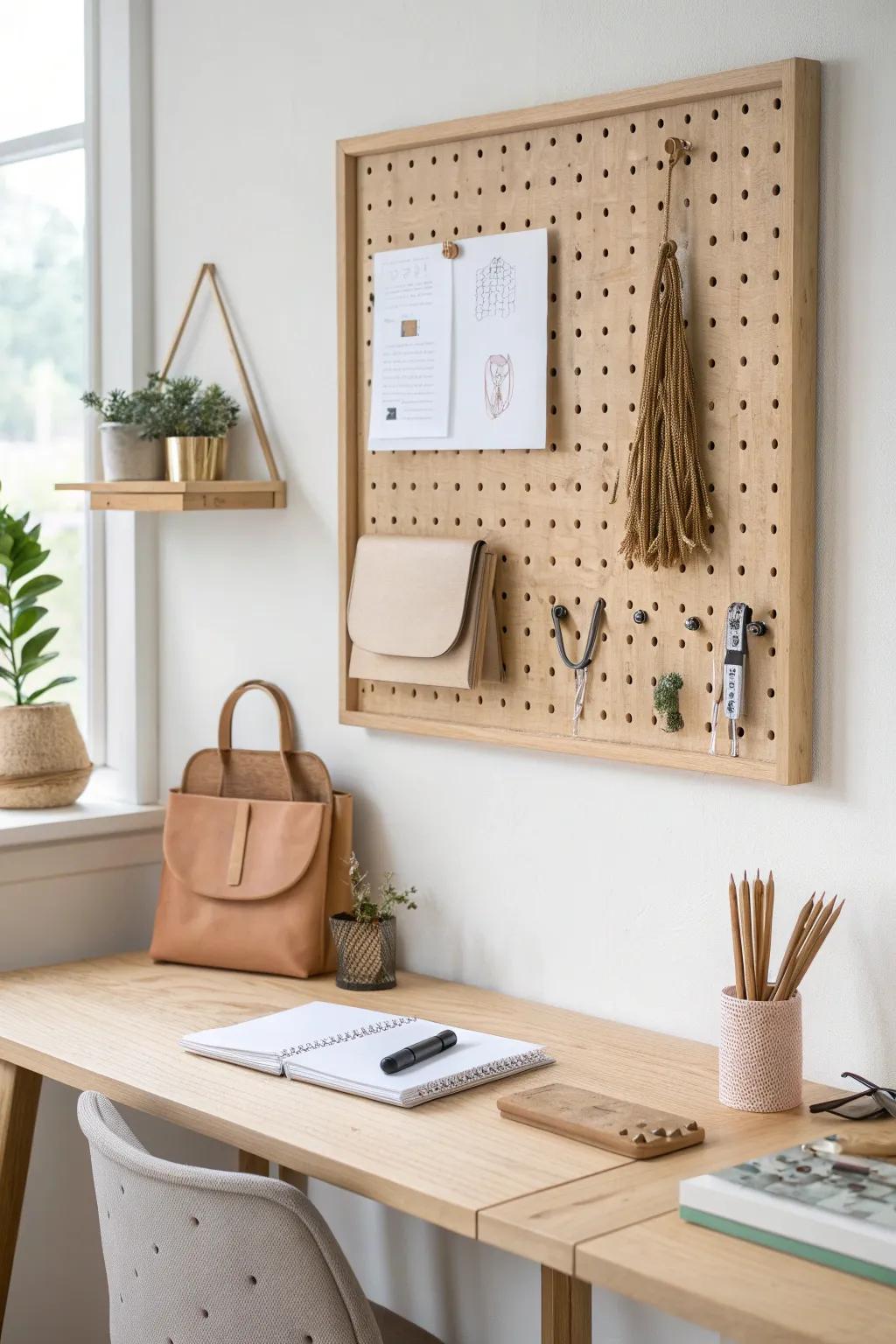 Wood-framed pegboard magic: pretty vertical storage that clears your desk in Scandi-boho style.
