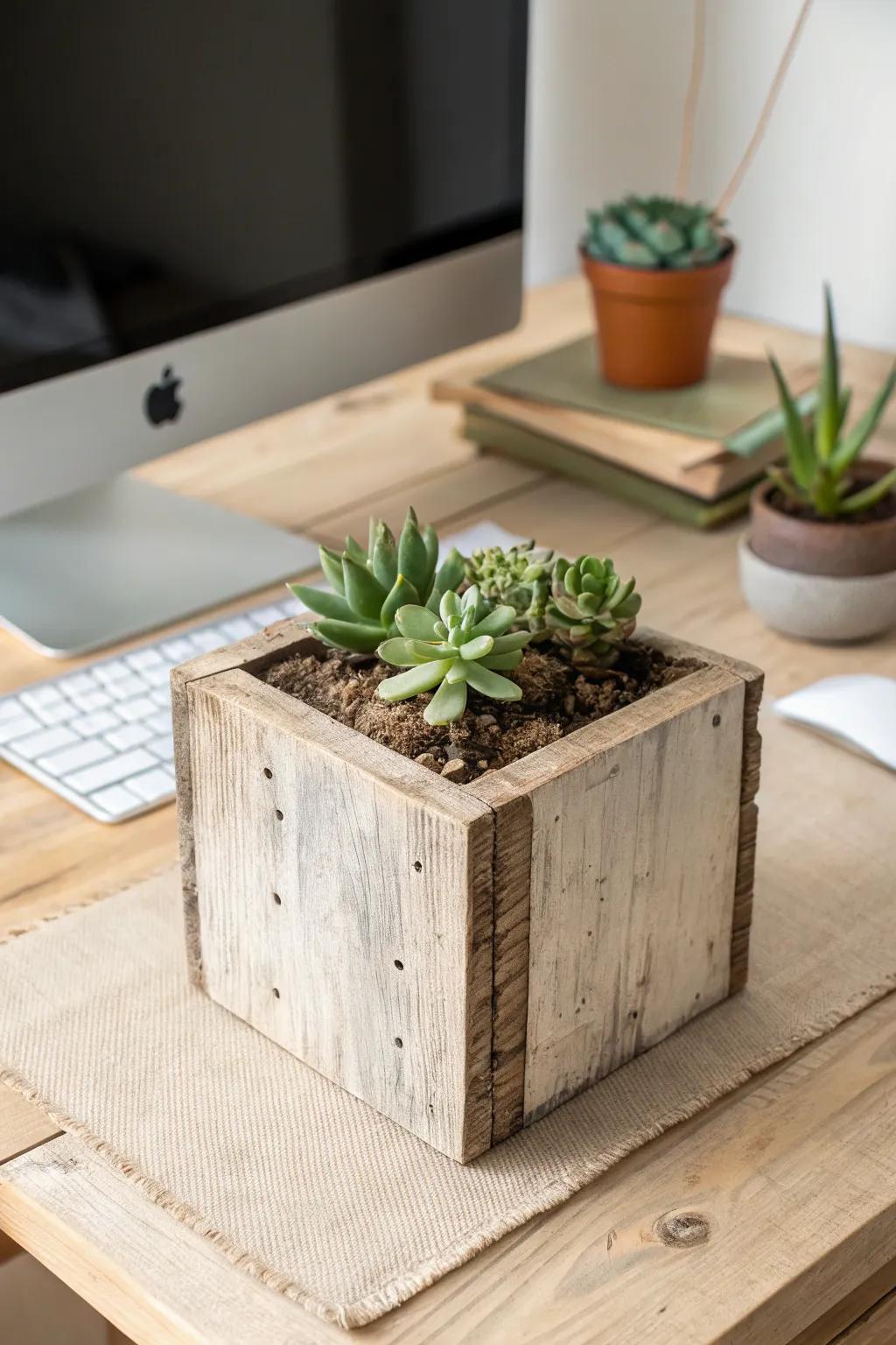 A tiny reclaimed-wood planter with easy greenery for a calm, cozy teacher desk.
