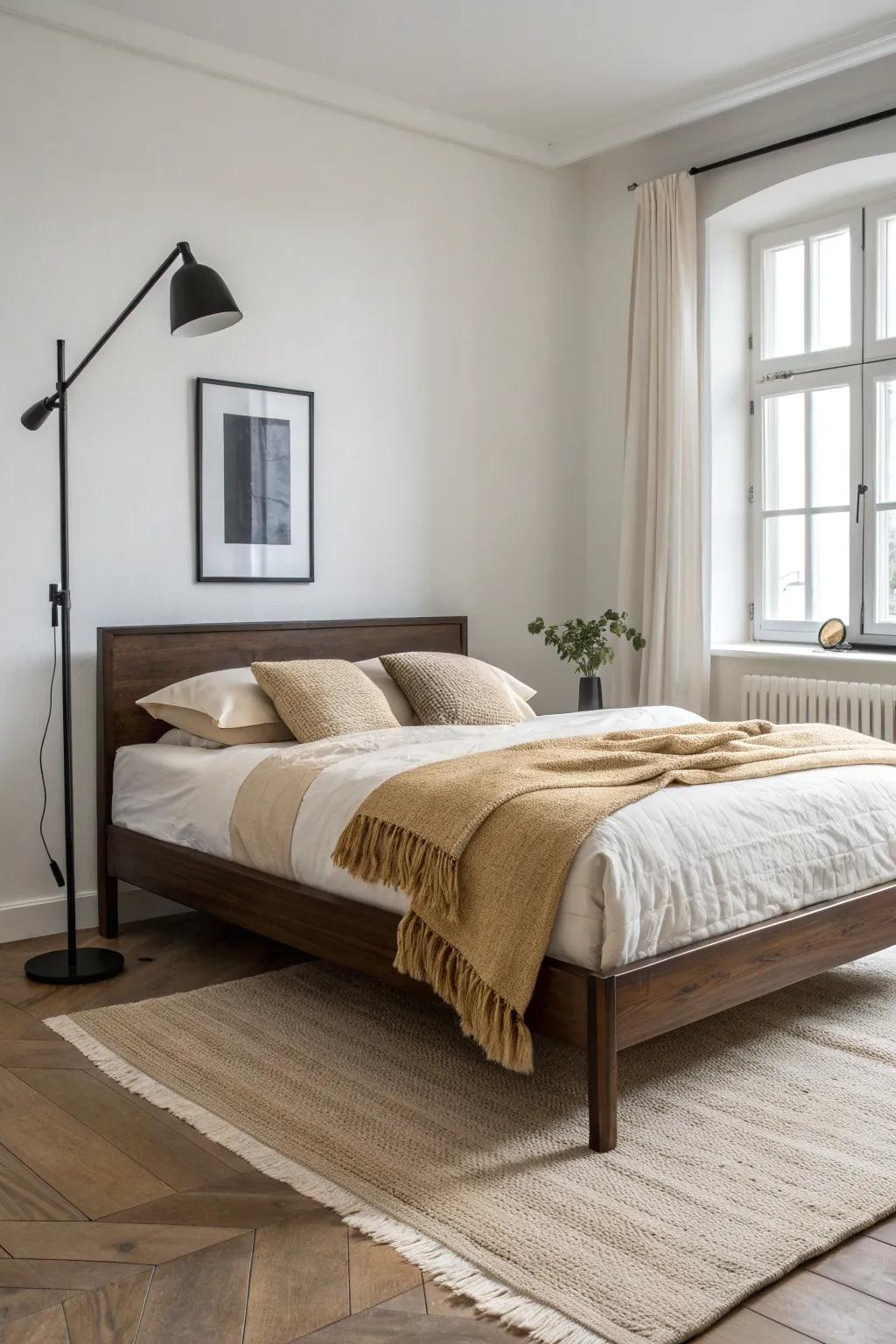 Dark walnut bed frame + matte black accents: an easy modern edge that still feels warm.