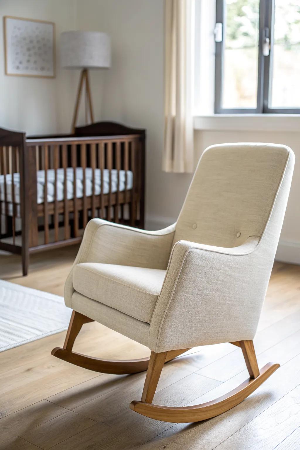 A cream oatmeal rocker brightens the nursery and softens the look of a dark brown crib.