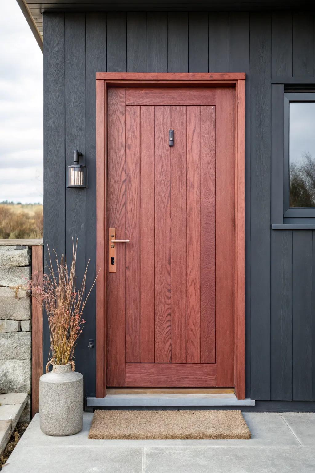 Classic deep-red wood door against dark gray—an instant focal point with timeless charm.