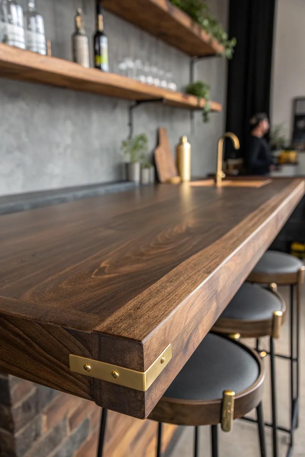 Deep-stained wood bar top with warm brass accents—moody, minimal, and beautifully crafted.