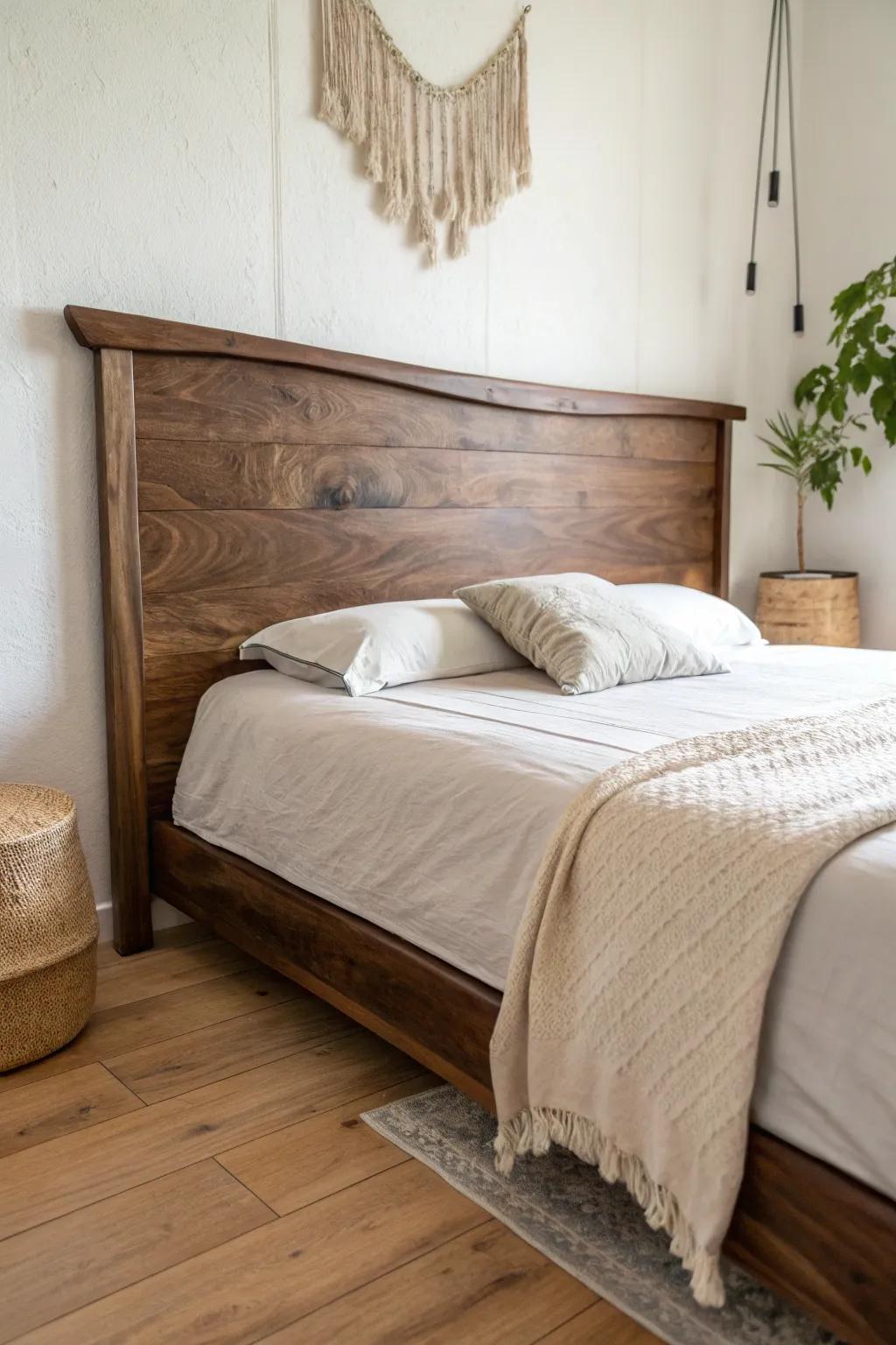 Modern rustic bedroom charm: a dark walnut live-edge headboard with sleek, minimal warmth.