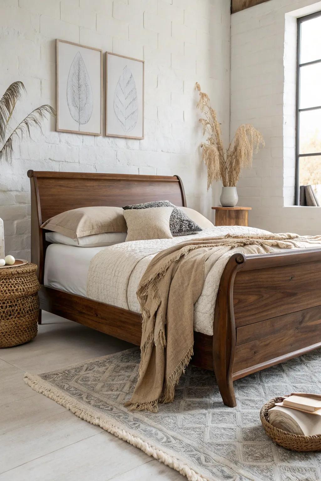 Keep it neutral—creams and beiges let a dark wood sleigh bed steal the spotlight.