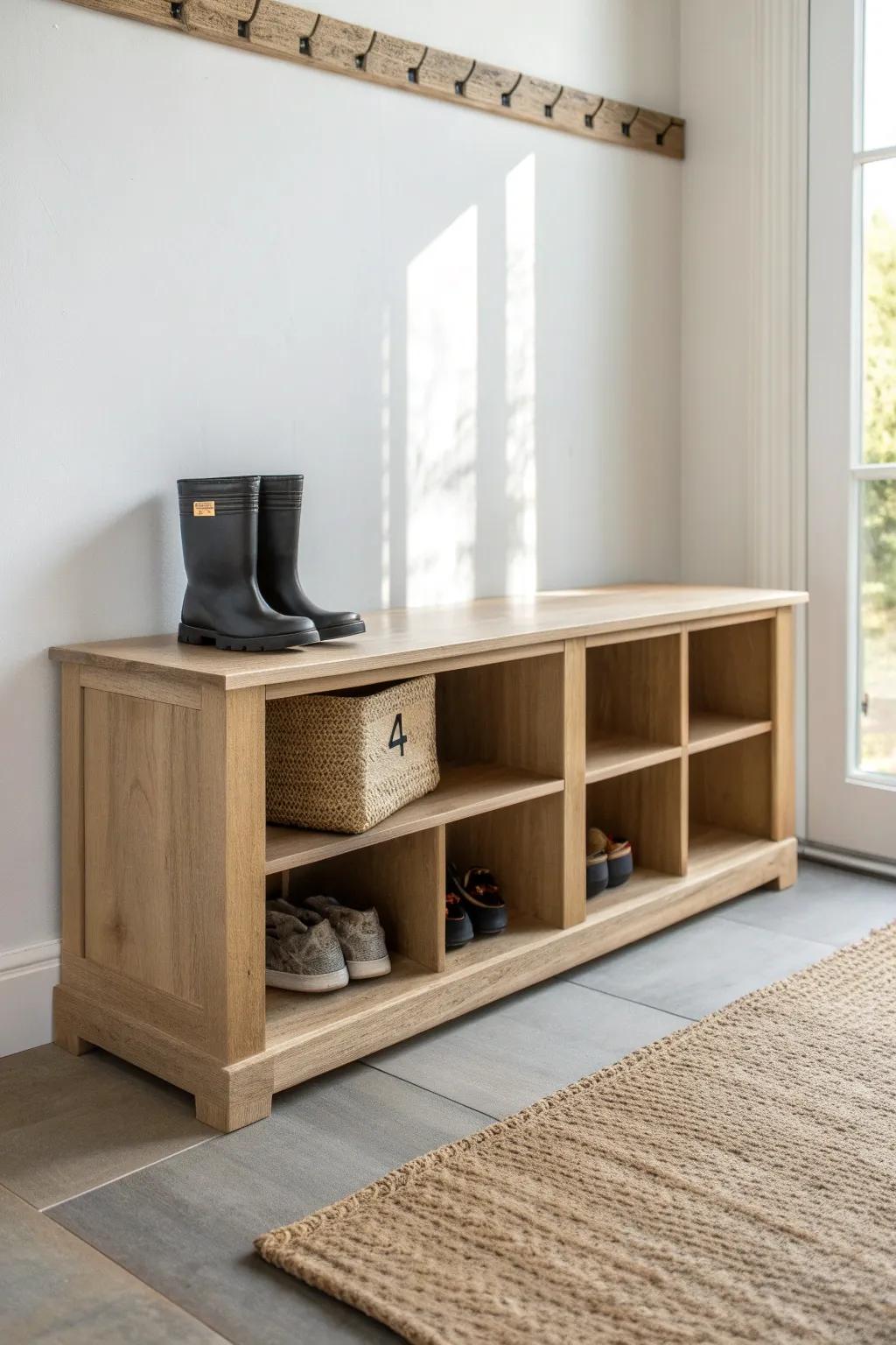 A named cubby bench + boot tray keeps daycare drop-offs calm, tidy, and beautifully organized.