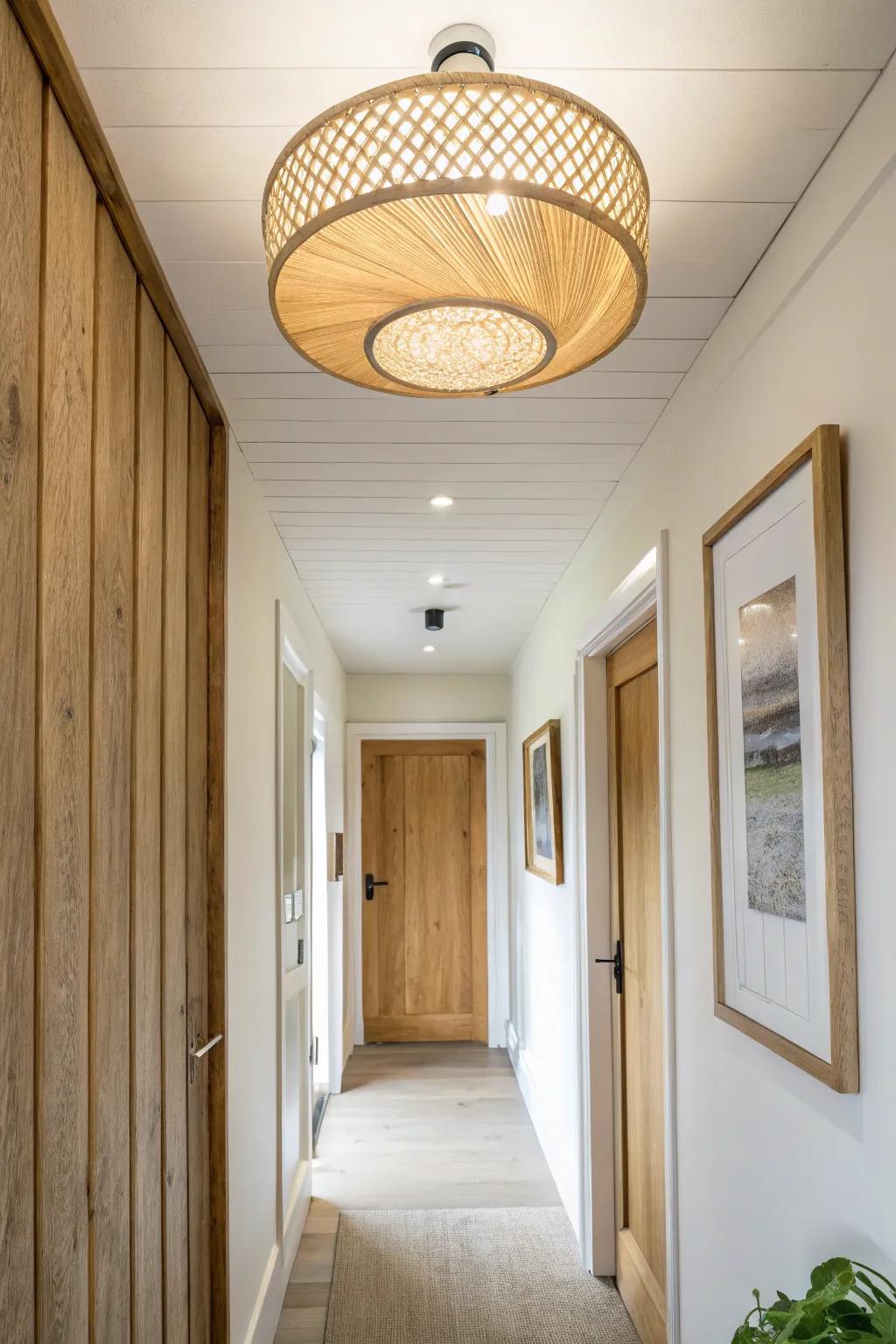 Low-profile flush-mount wood lighting warms a narrow hallway without crowding the path.