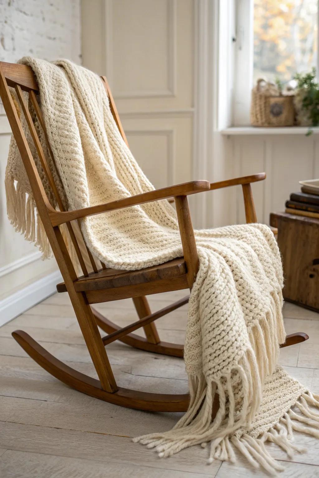 Instant cozy: a chunky knit blanket draped on an old rocking chair for effortless charm.