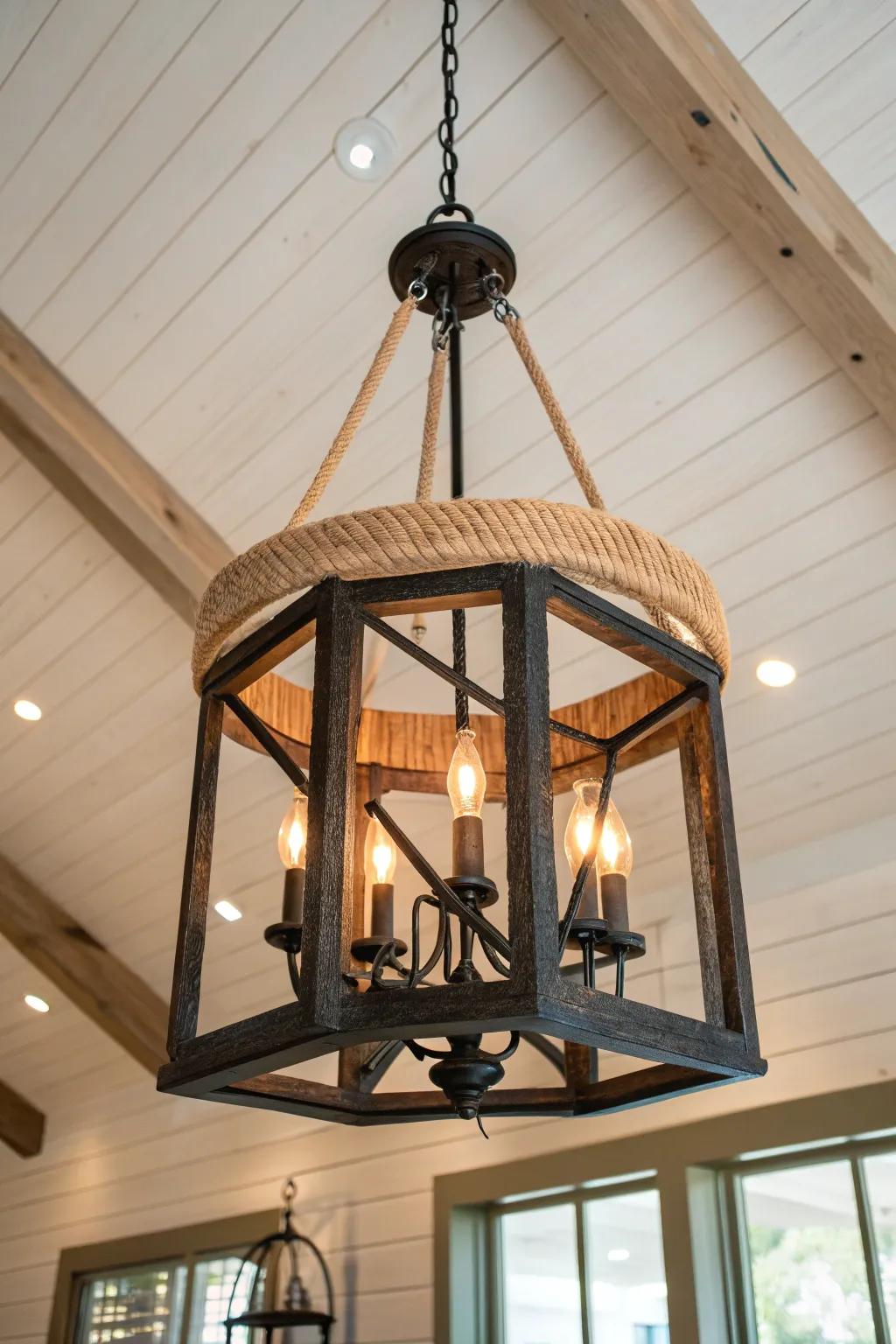 Oversized rustic chandelier—warm glow and handcrafted wood for soaring mountain-home ceilings.