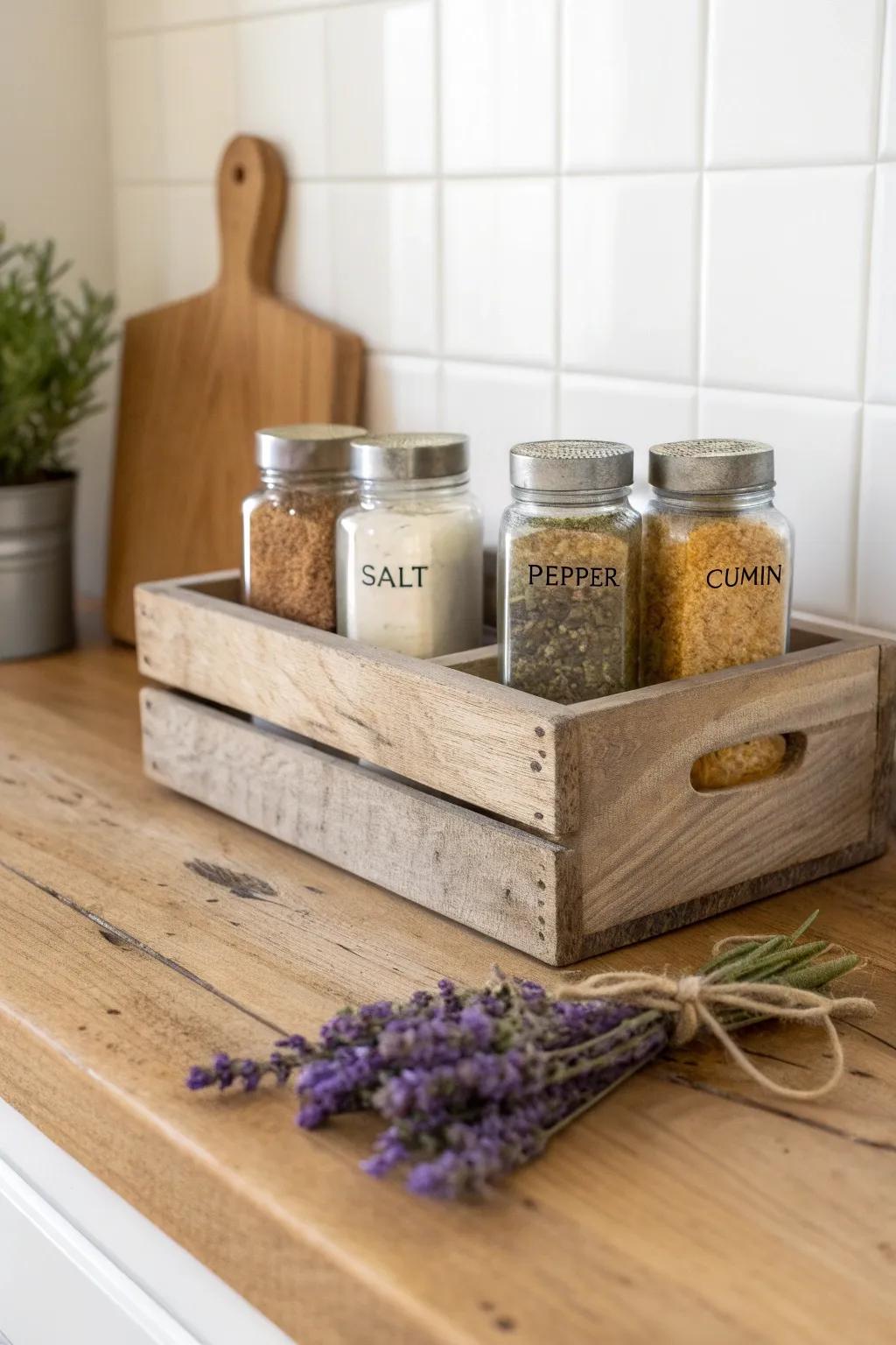 Reclaimed wood spice crate with rustic marks—turn everyday jars into a warm, textured display.