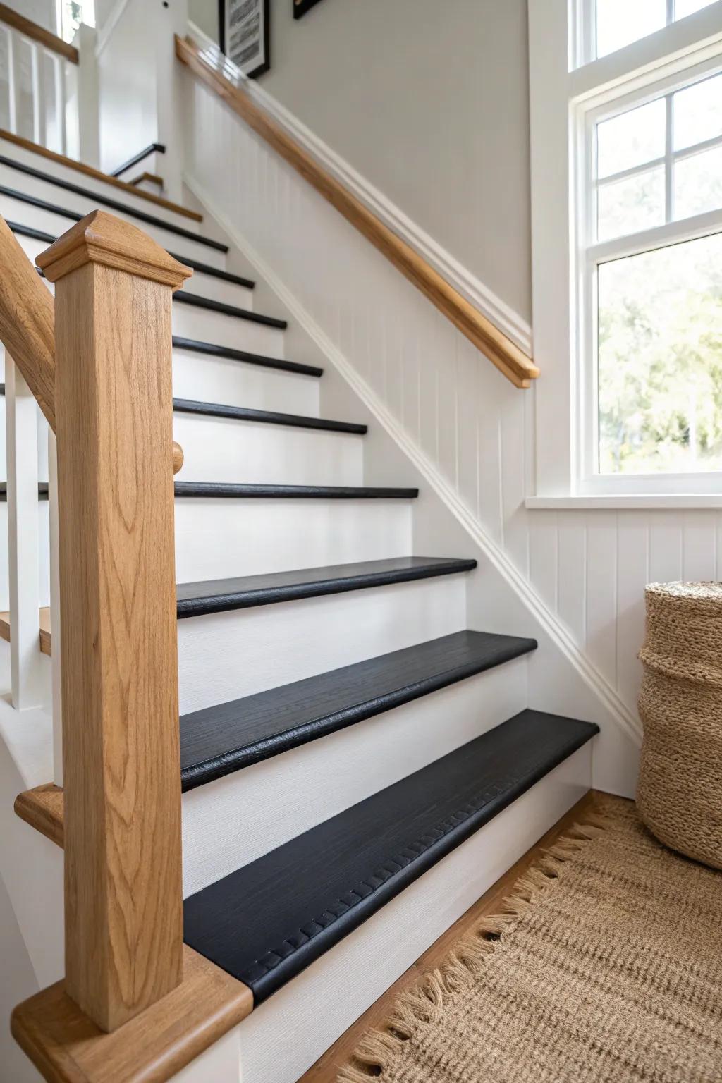 Bold two-tone stair stringer: dark treads + light stringer for a crisp, graphic finish.