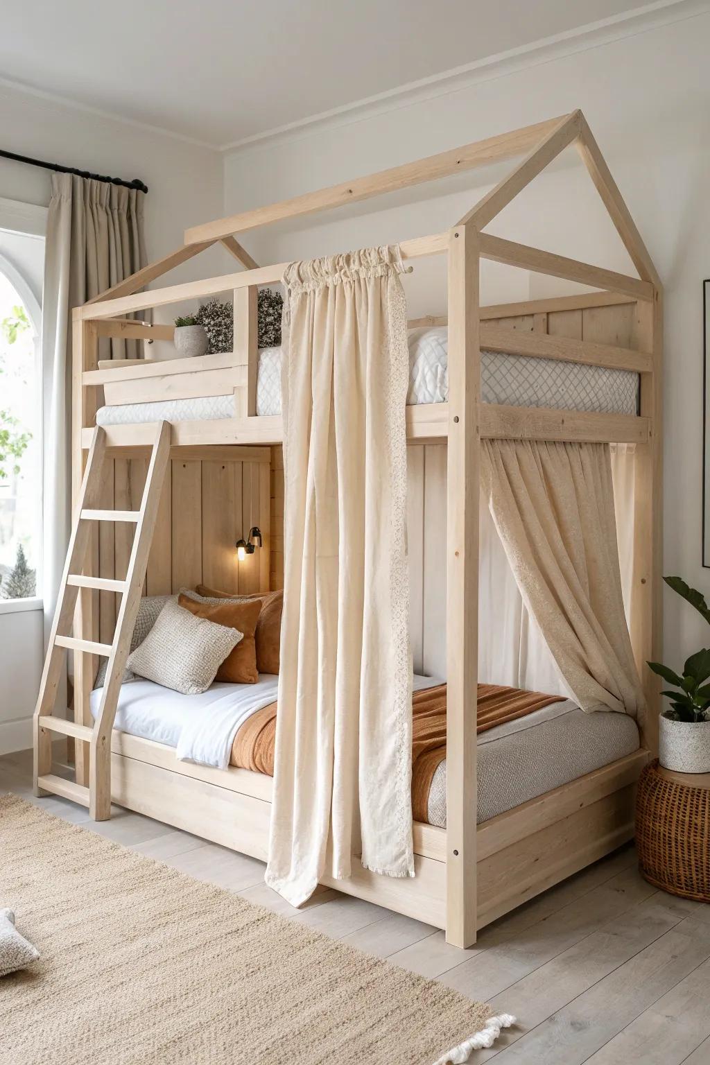 Cottage-style curtain bunks: linen privacy nook with a sleek built-in wood valance.