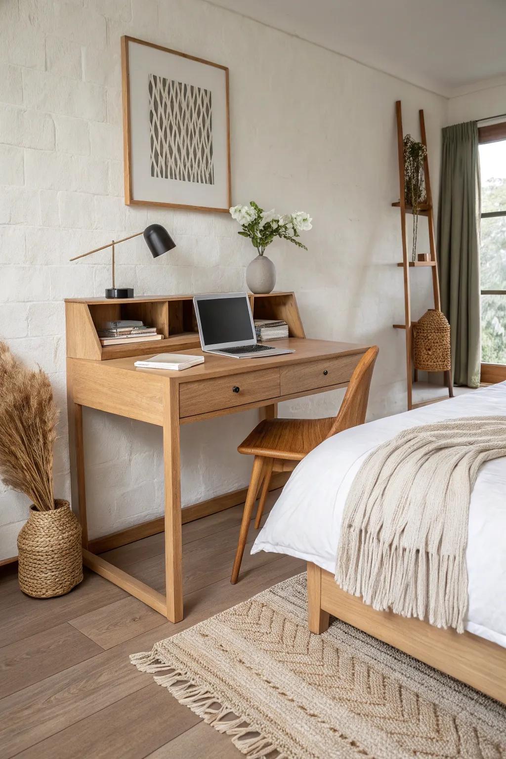 A seamless waterfall desk behind the bed—clear wood grain wrapping like a ribbon.