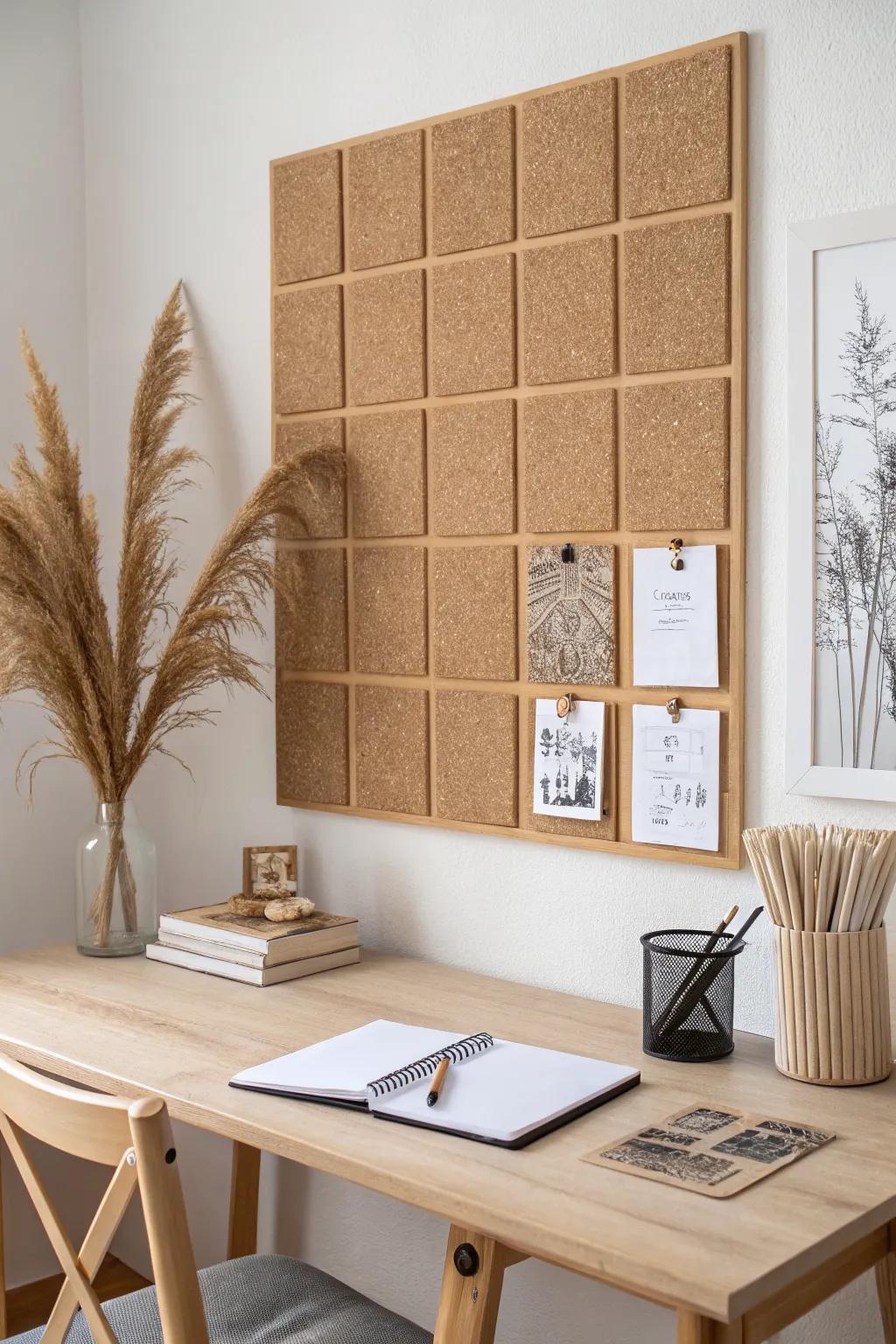 Cork tiles in a crisp grid give your desk a custom, expandable bulletin board—minimal and warm.