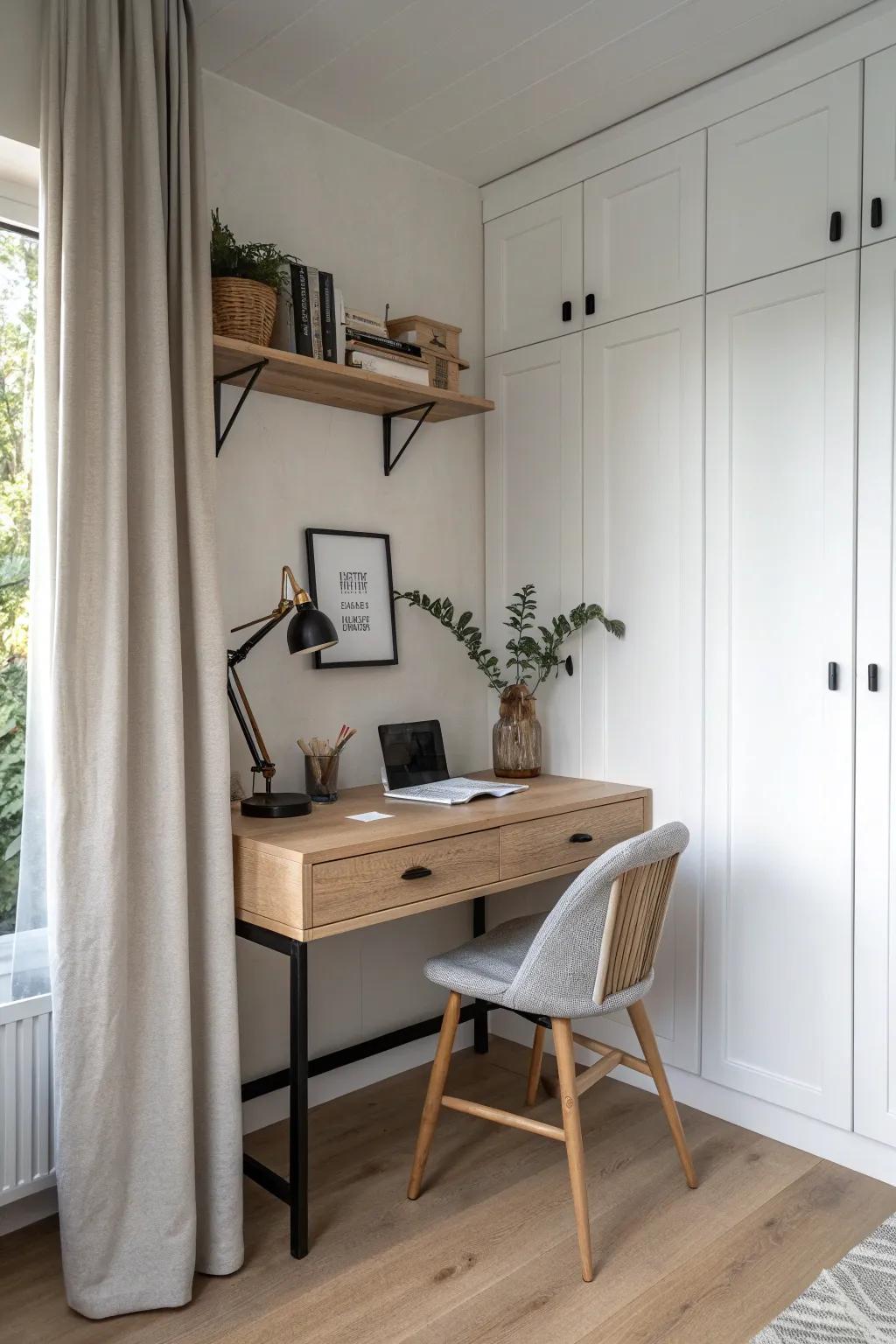 A secret closet nook desk: light oak counter + linen curtain—your workspace disappears at night.