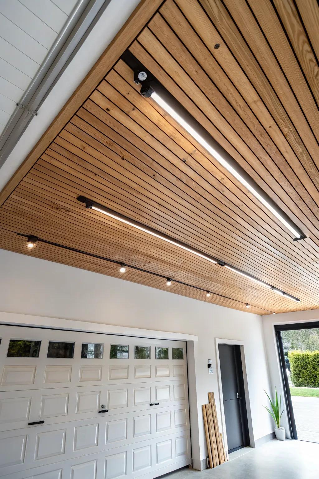 A clean wood slat ceiling that hides wiring and adds instant cozy cabin warmth to a garage man cave.