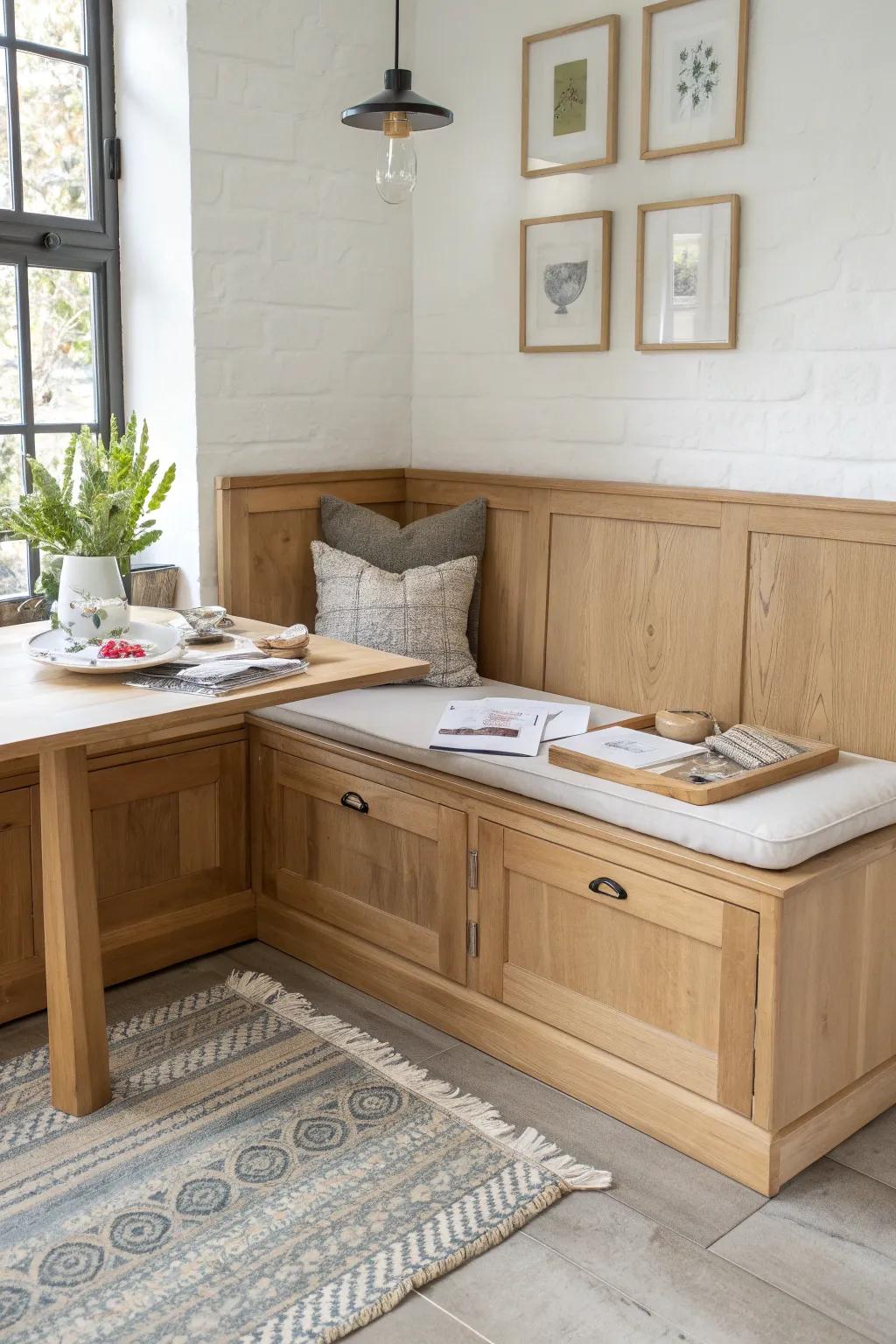 A space-saving breakfast banquette with lift-up storage—minimal, warm oak, and beautifully tidy.