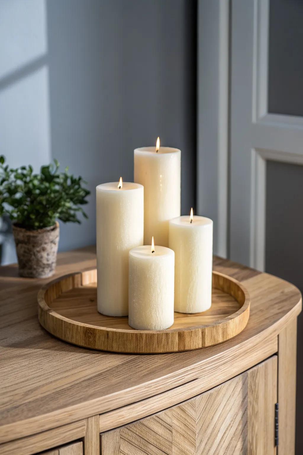 Candle trio on handmade wood coasters—minimal dining server decor with a warm, safe glow.
