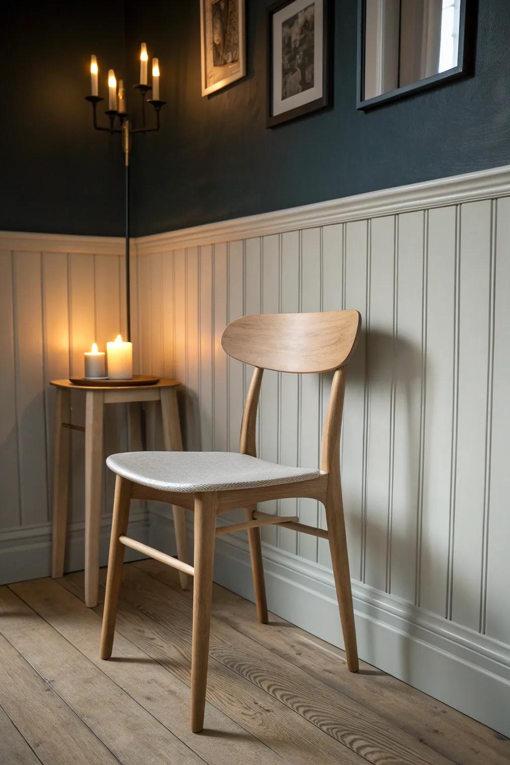Creamy wood paneling below + moody paint above: a cozy two-tone dining room wall win.