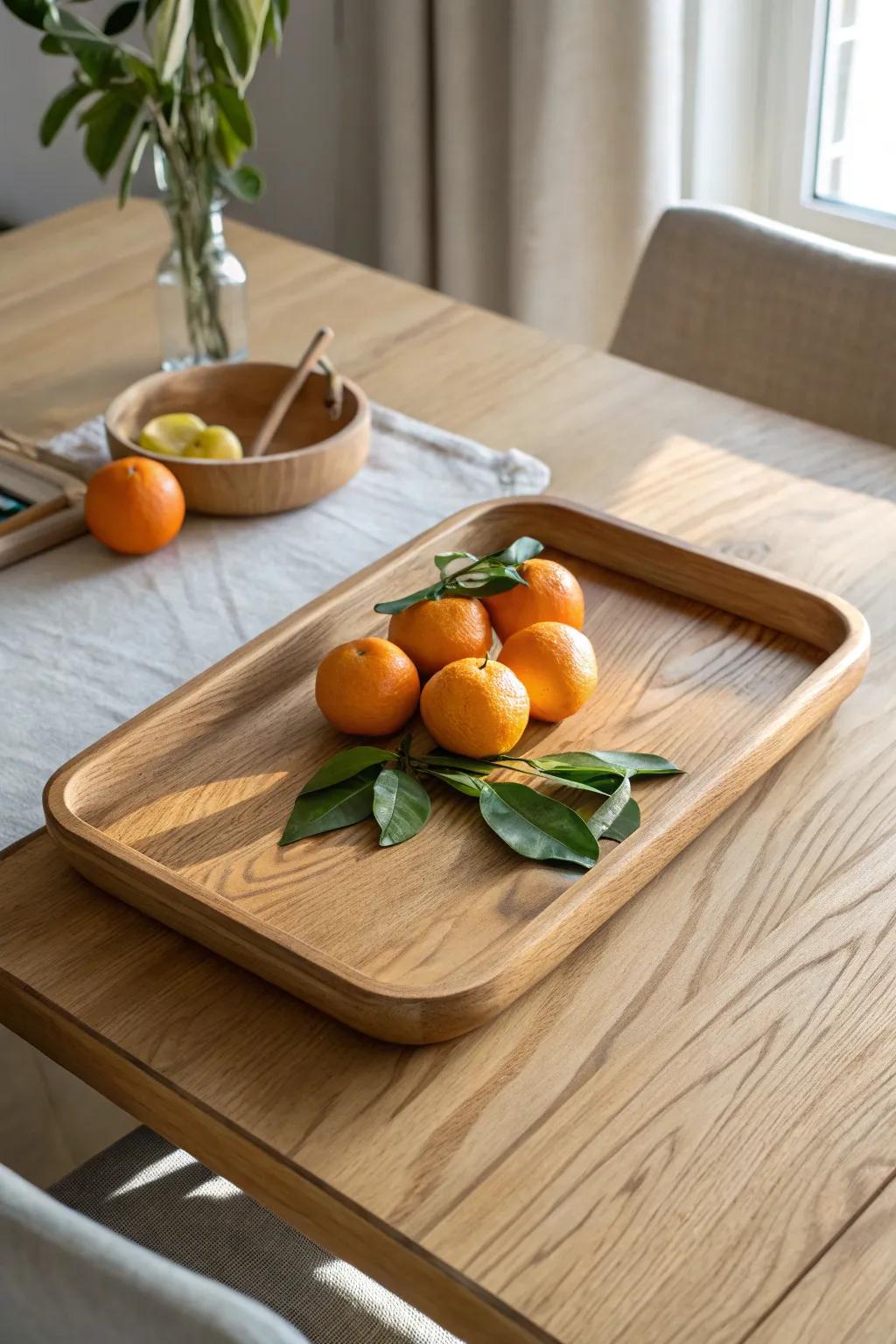 Five-minute seasonal tray swap: warm oak + fresh citrus for an instant summer refresh.