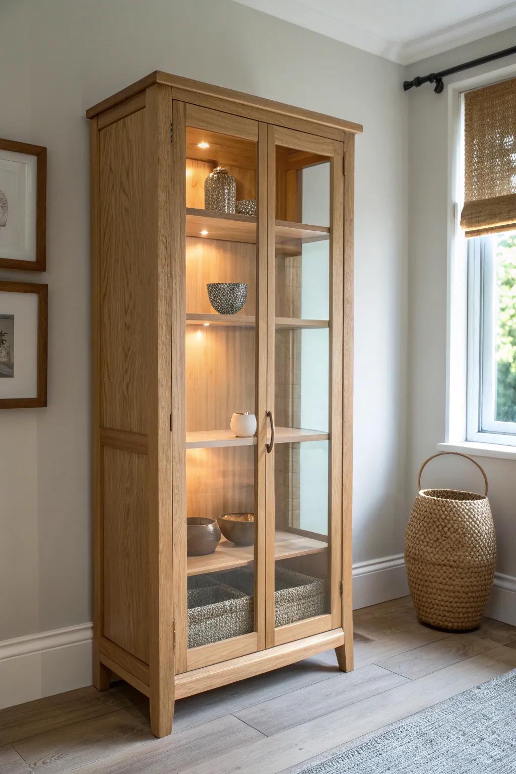 Dimmable cabinet lighting shifts your display from crisp daytime shine to a cozy evening glow.