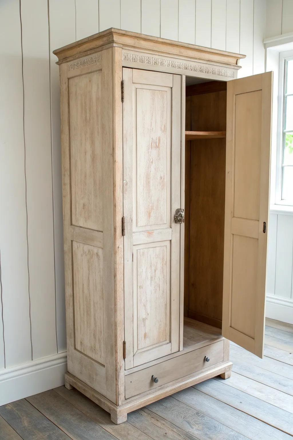 Farmhouse armoire in layered neutral patina—softly distressed edges with timeless craft.