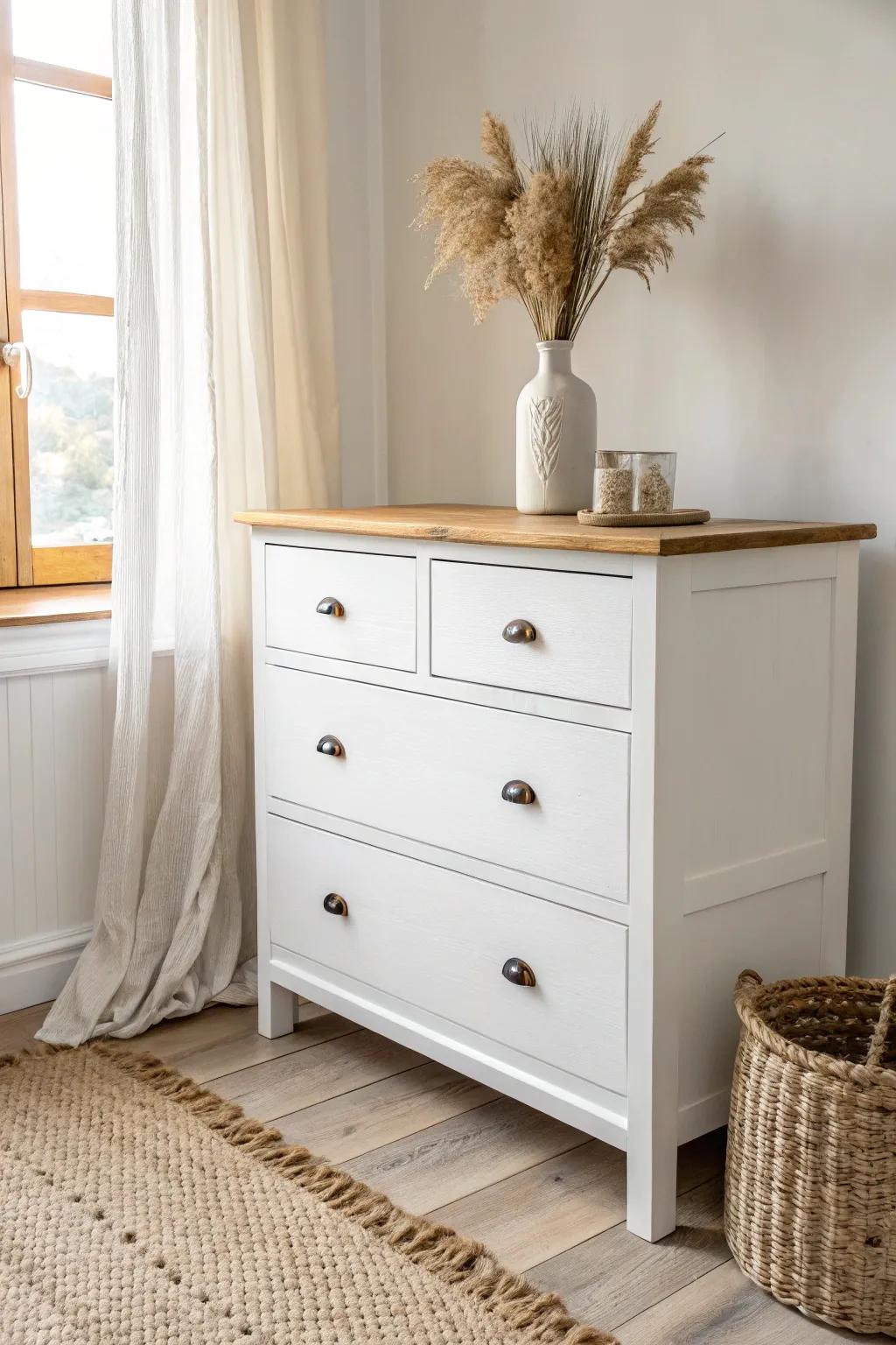 Give a tired dresser a modern glow-up with a thick solid wood top and natural grain.