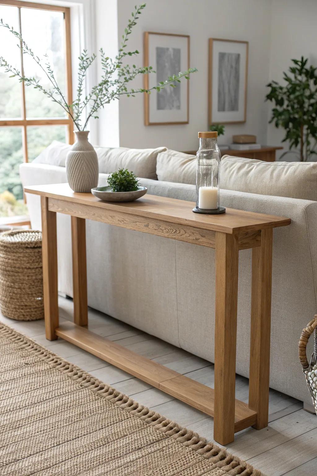 A slim DIY console table behind the sofa—warm oak, clean lines, and elevated living-room function.