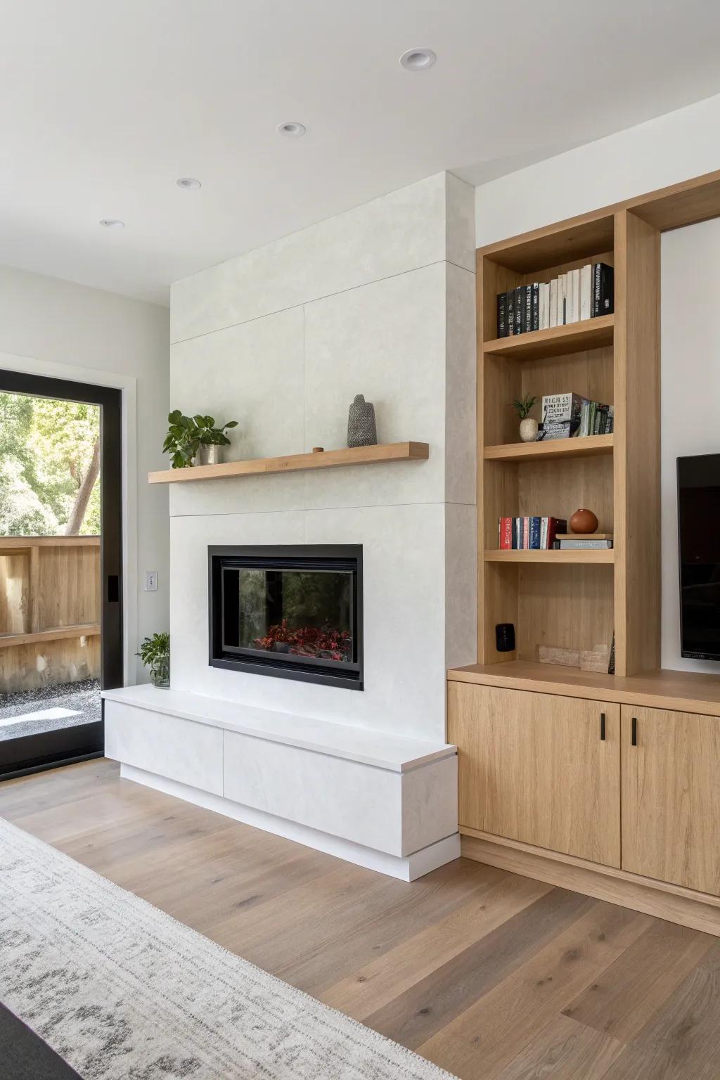 Off-center room? An asymmetrical oak built-in makes the fireplace wall feel custom and calm.