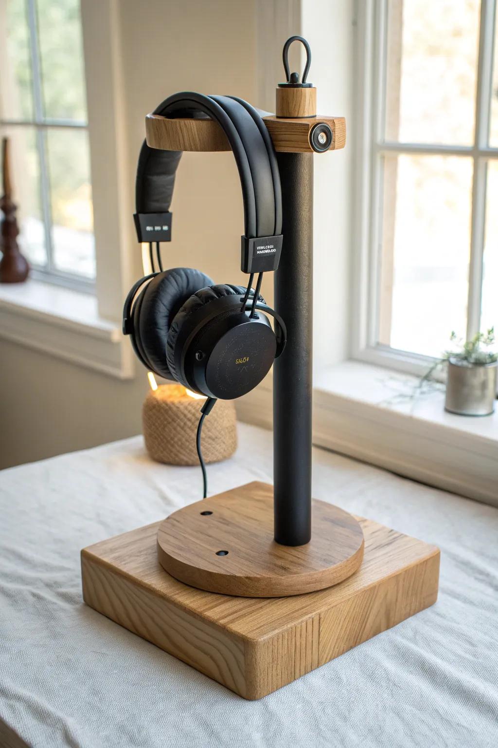 Cozy-industrial DIY headphone stand: matte black pipe on a warm oak base, clean and sturdy.