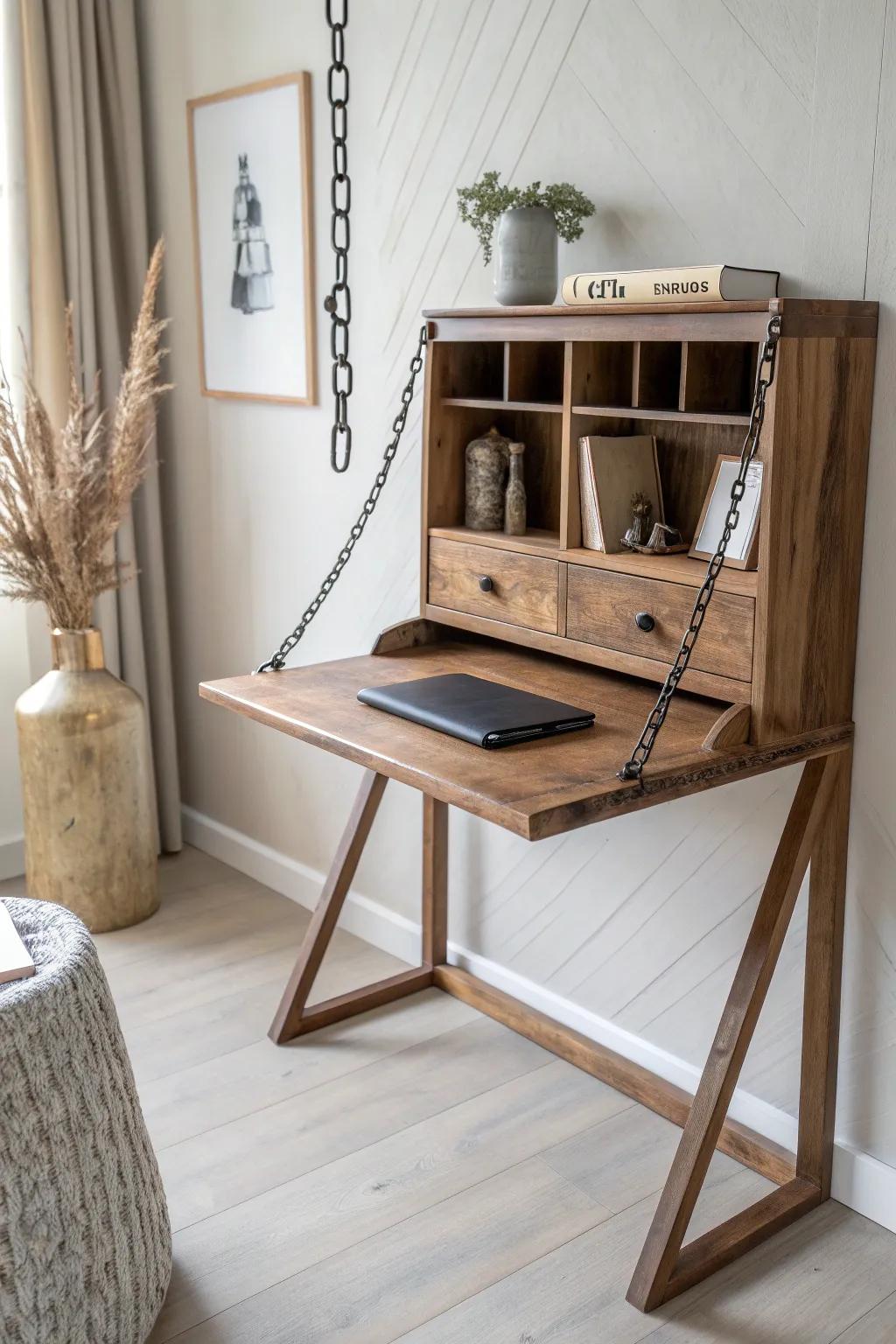 Rustic chain-supported Murphy desk—warm stained wood and black metal for a cozy fold-down workspace.