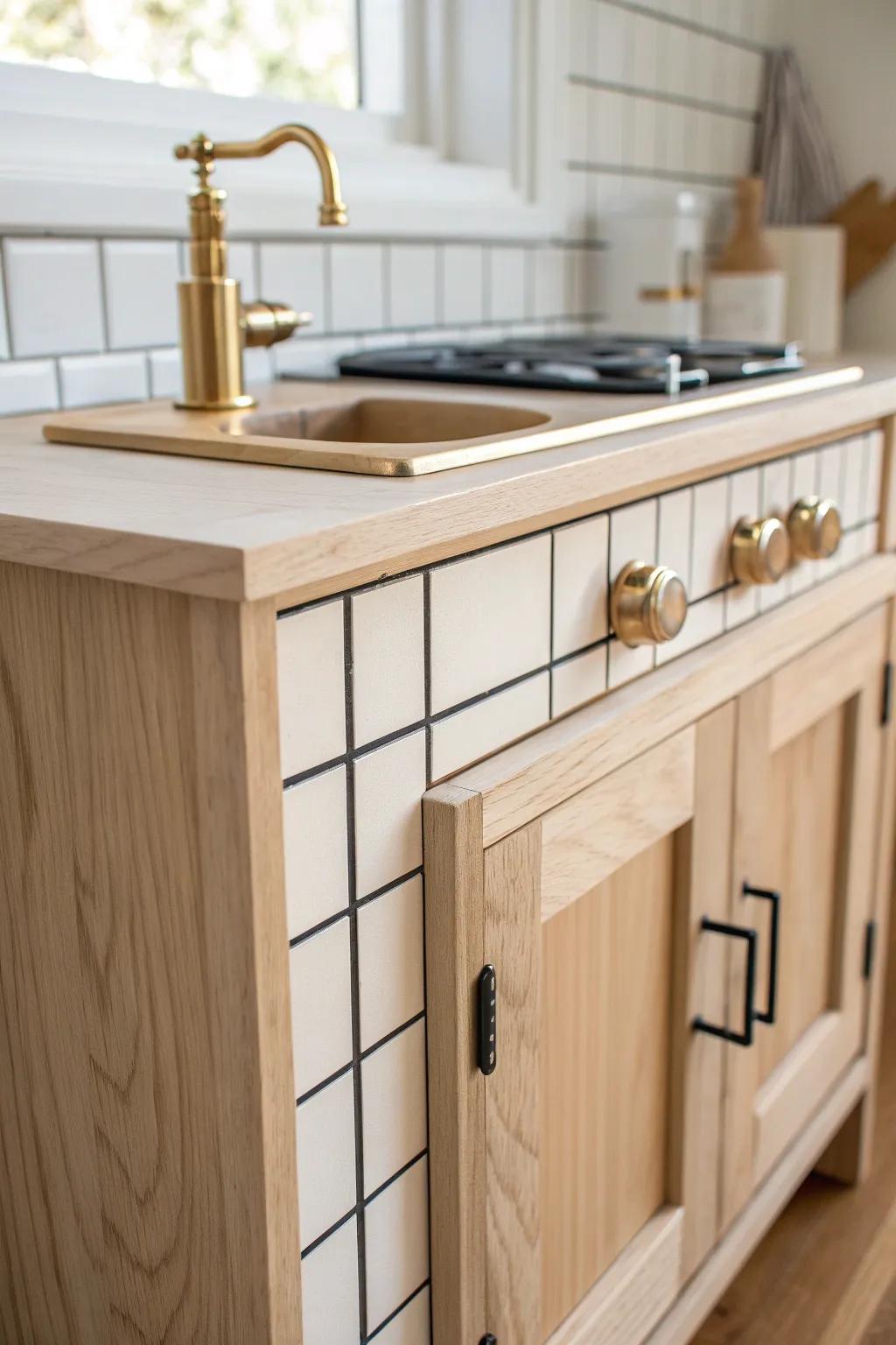 Quick faux tile backsplash turns a simple DIY play kitchen into a tiny Scandinavian showpiece.