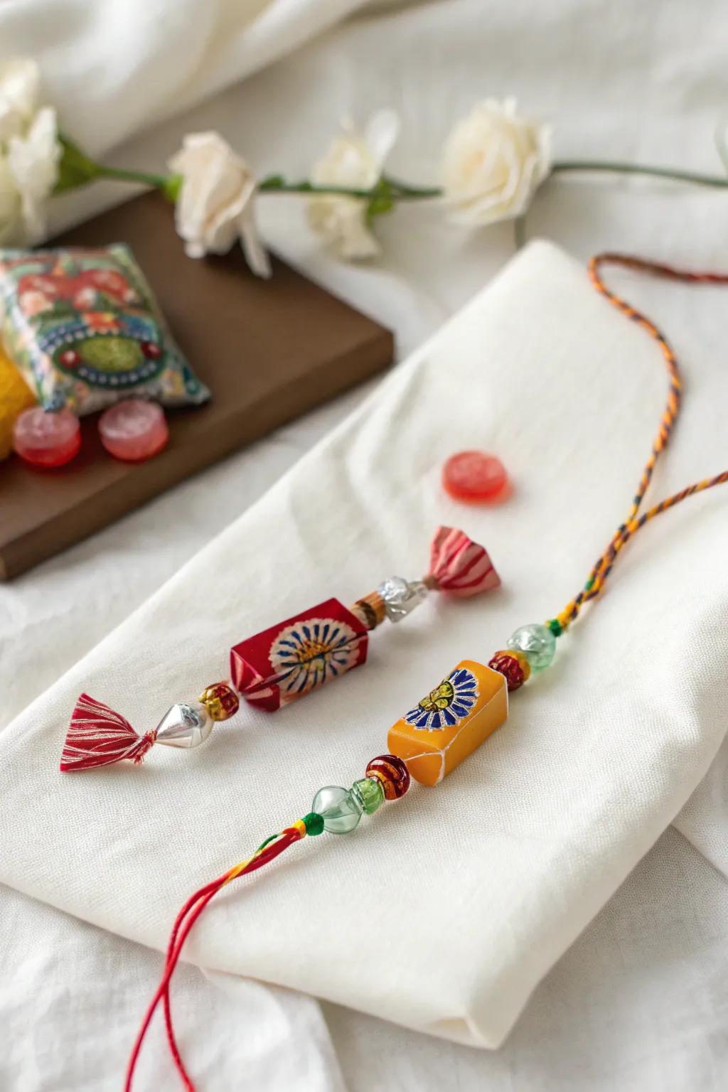 Add a sweet twist to tradition with this delightful candy rakhi, perfect for a playful and colorful celebration!